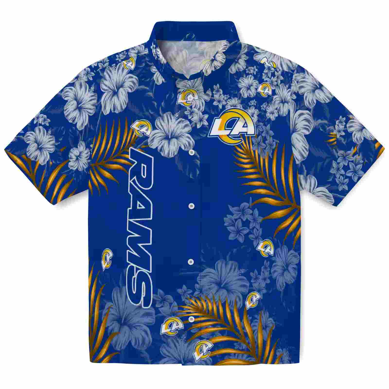 Los Angeles Rams Hibiscus Print Blue Hawaiian Shirt