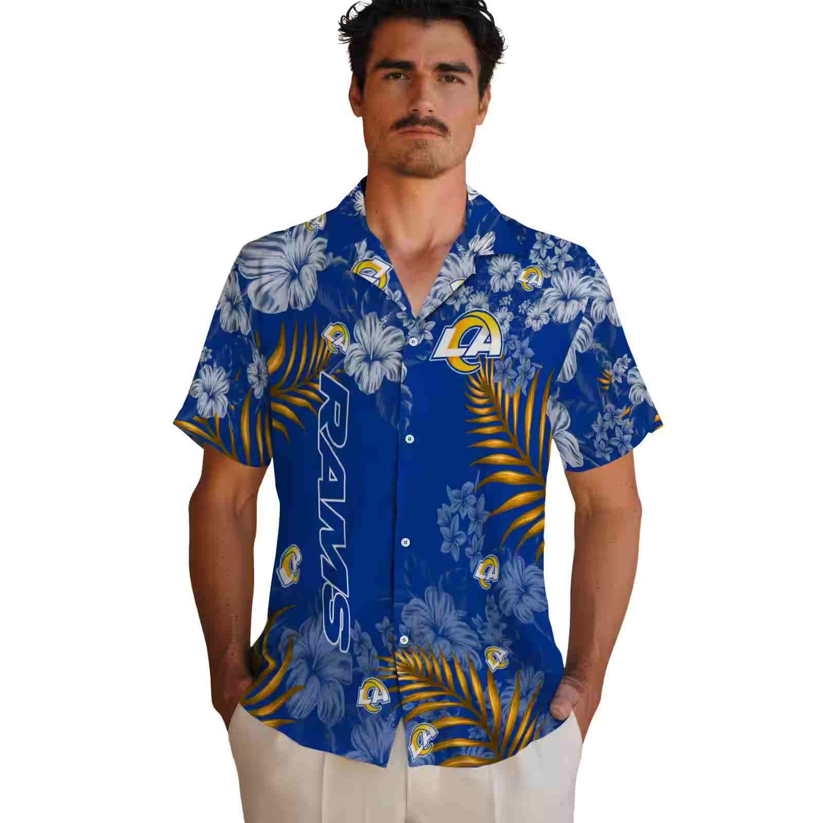 los angeles rams hibiscus print blue hawaiian shirt fashion forward