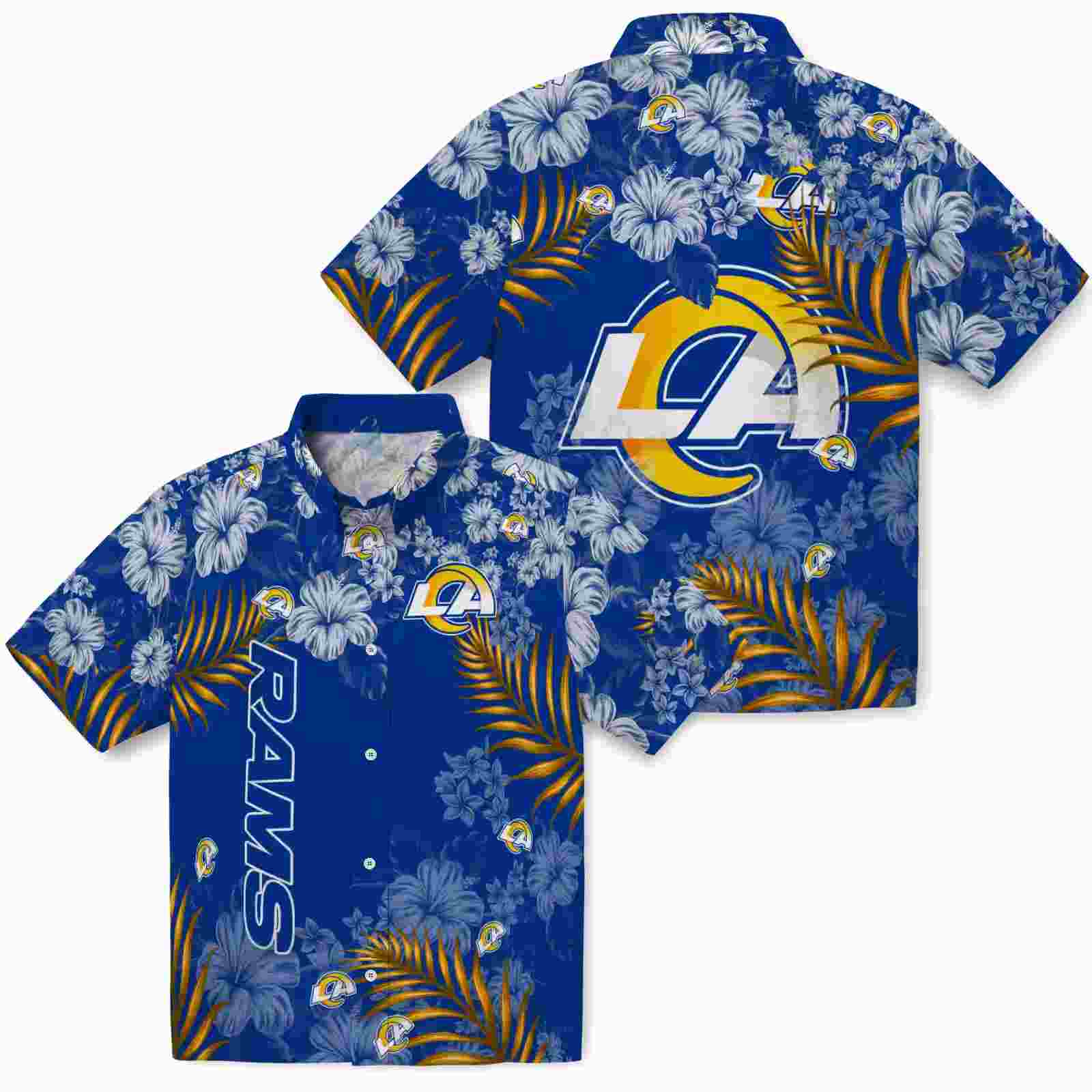 los angeles rams hibiscus print blue hawaiian shirt high quality