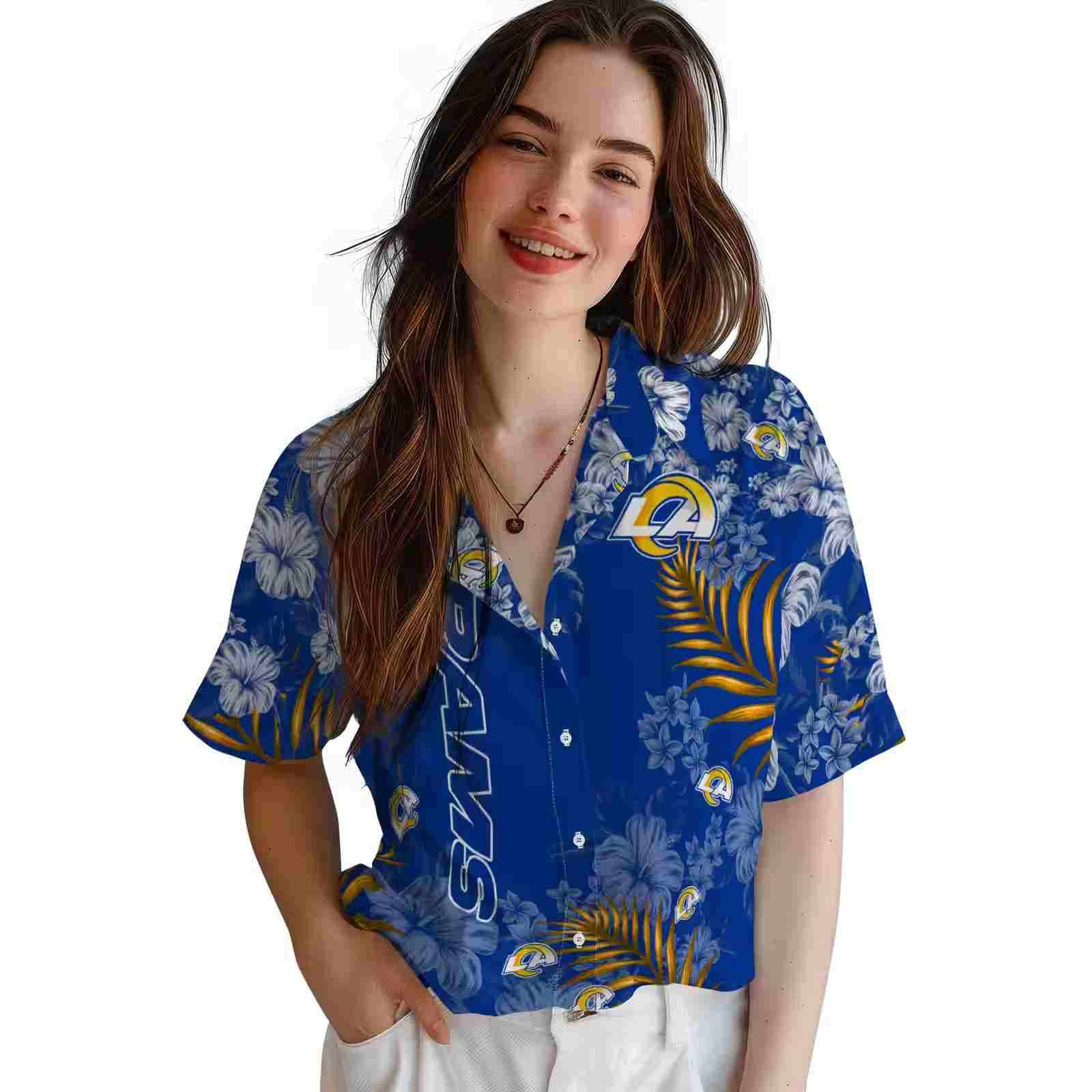 los angeles rams hibiscus print blue hawaiian shirt latest model