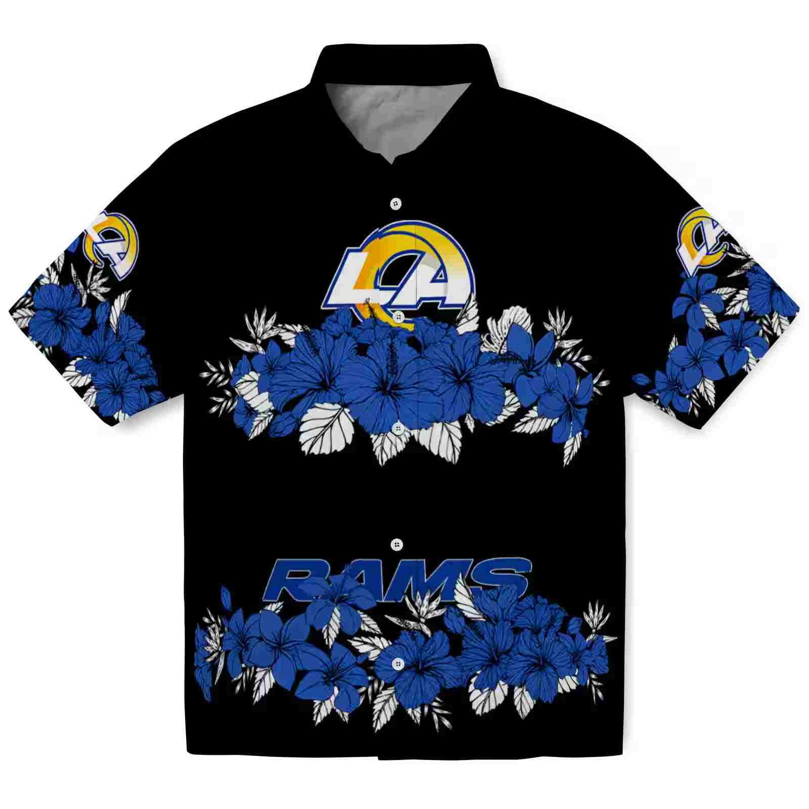 Los Angeles Rams Hibiscus Stripe Blue Black Hawaiian Shirt