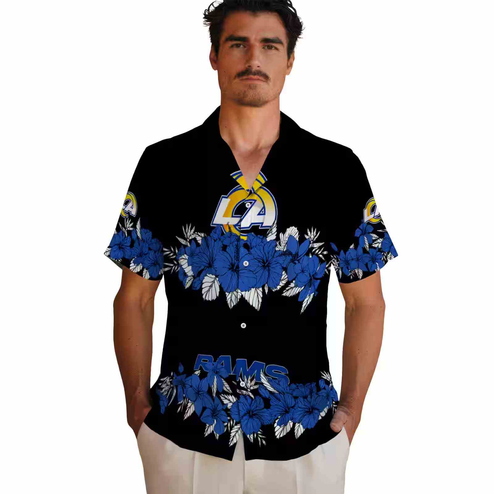 los angeles rams hibiscus stripe blue black hawaiian shirt fashion forward