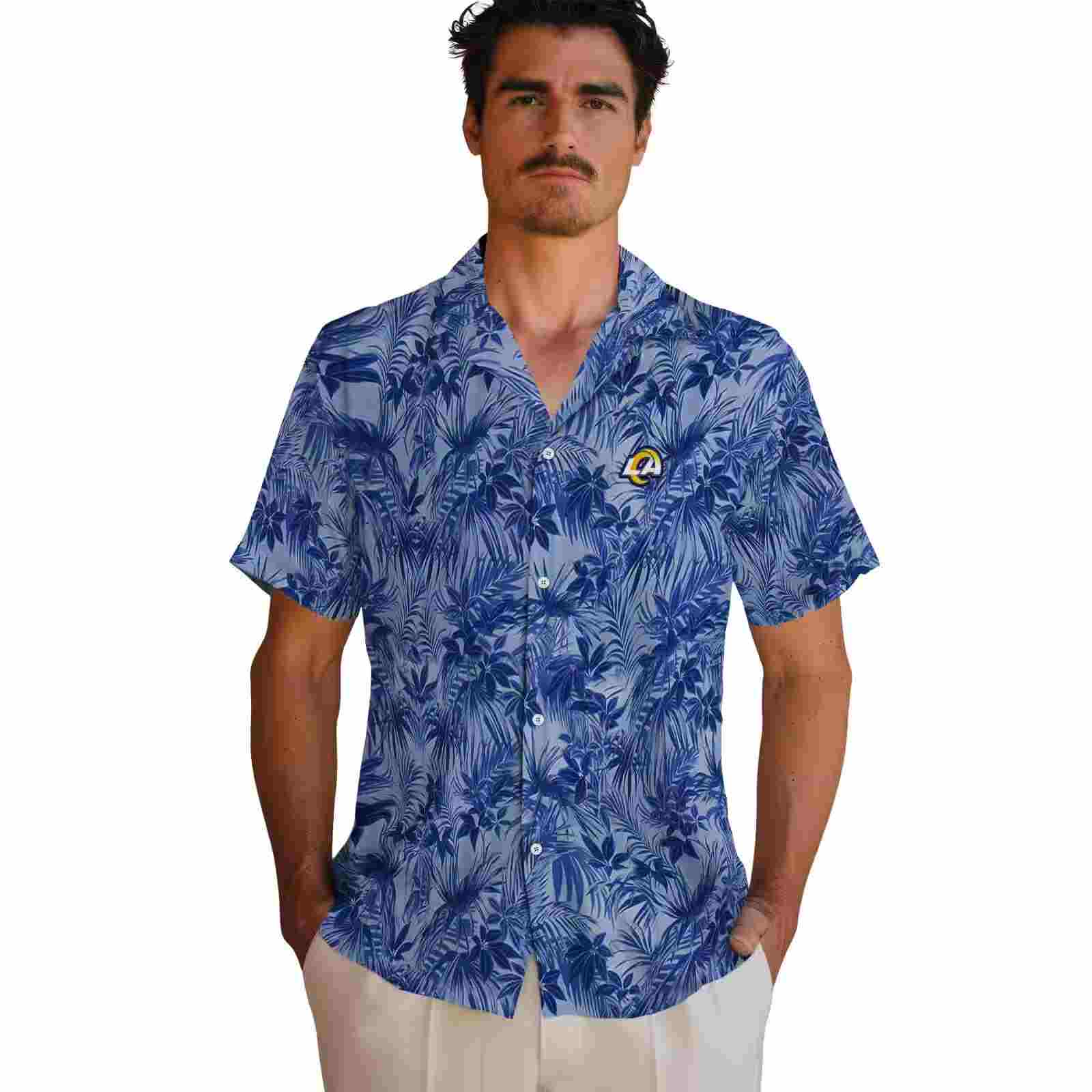 los angeles rams leafy pattern blue hawaiian shirt fashion forward