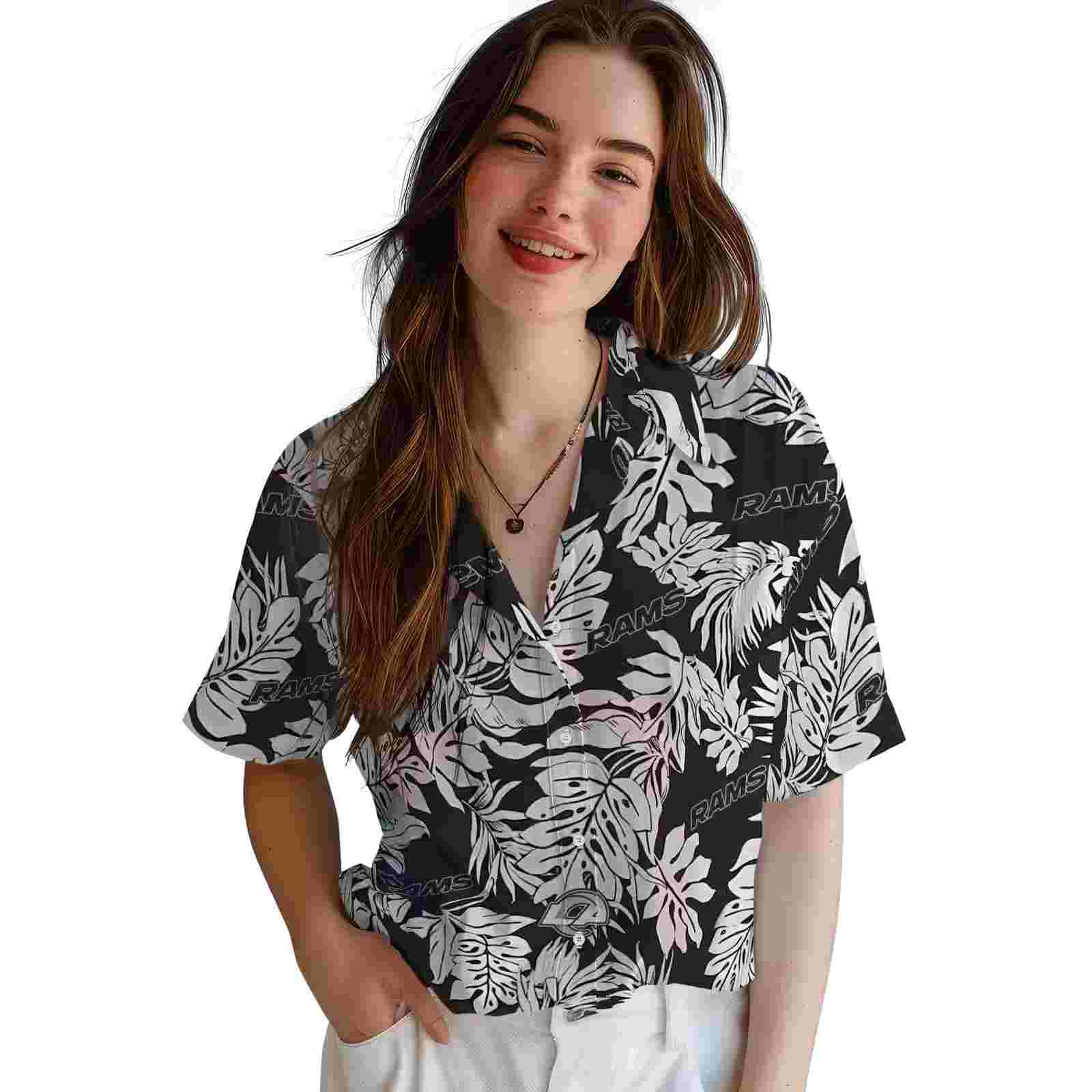 los angeles rams monstera leaf pattern black hawaiian shirt latest model