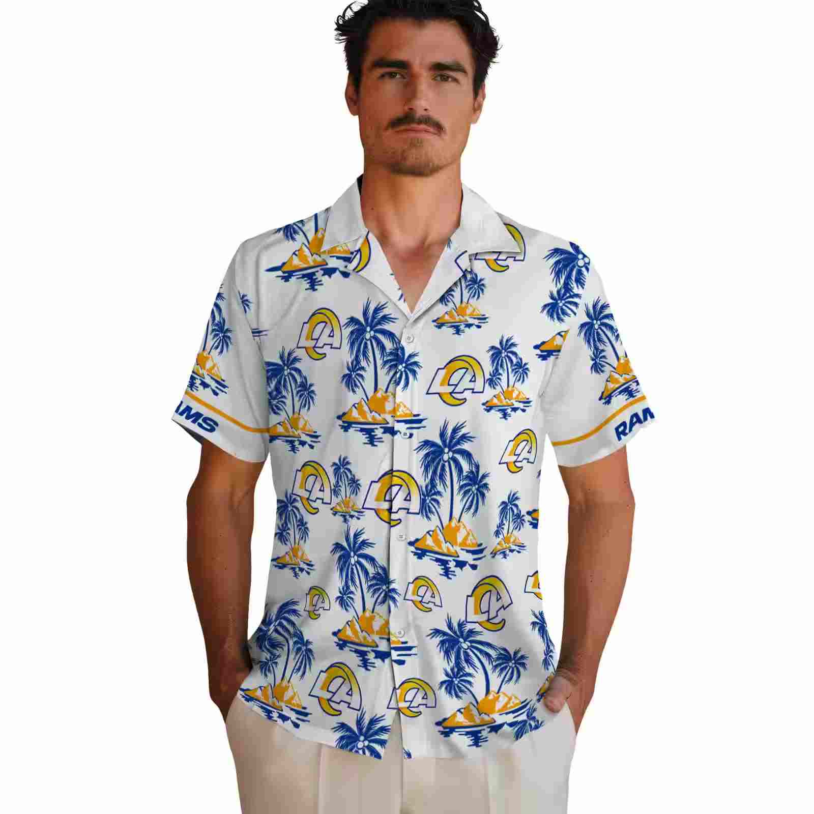 los angeles rams palm island print blue white hawaiian shirt fashion forward