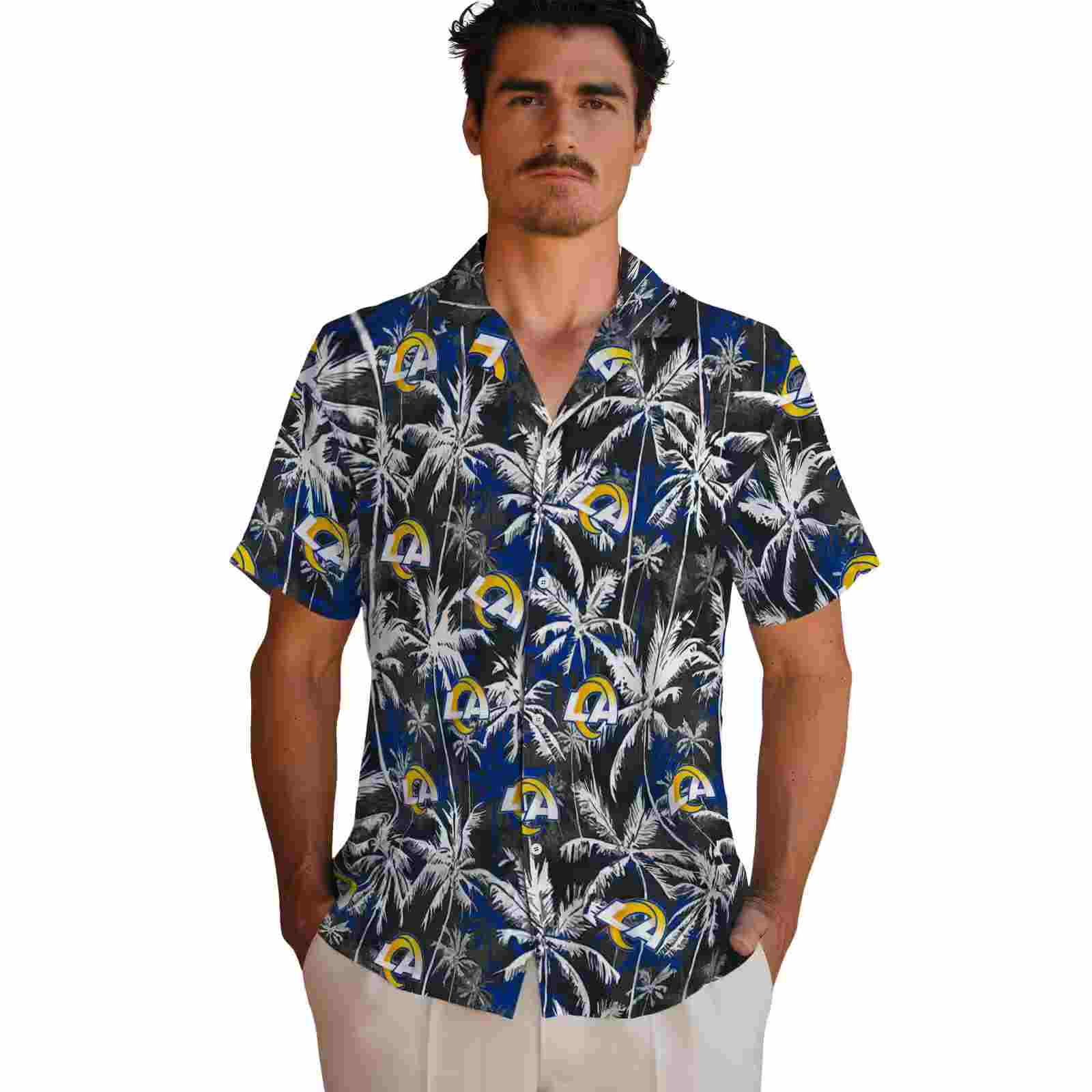 los angeles rams palm pattern blue black hawaiian shirt fashion forward