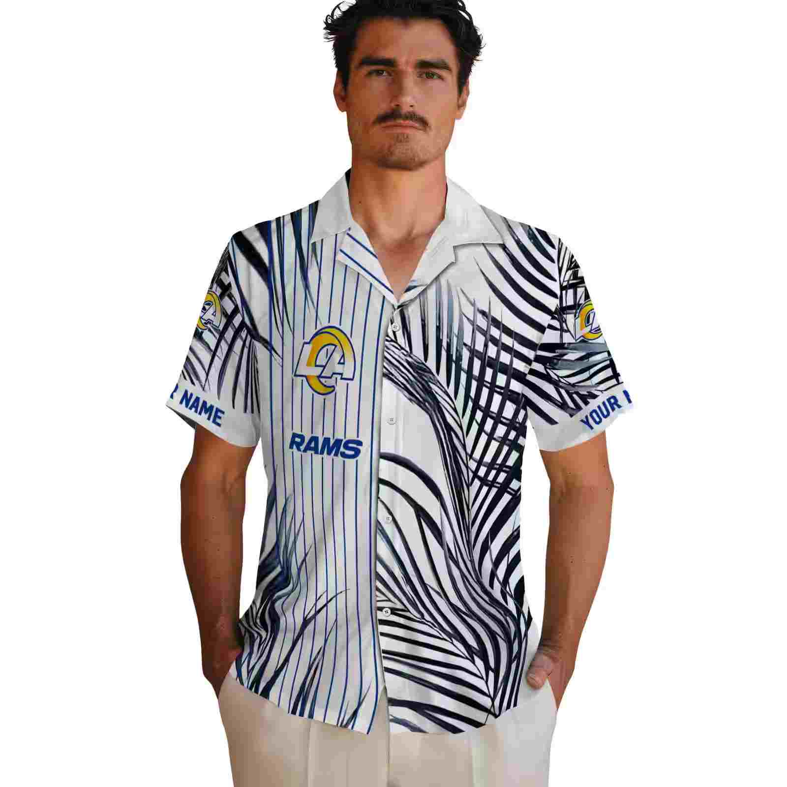 los angeles rams palm stripes blue black white hawaiian shirt fashion forward