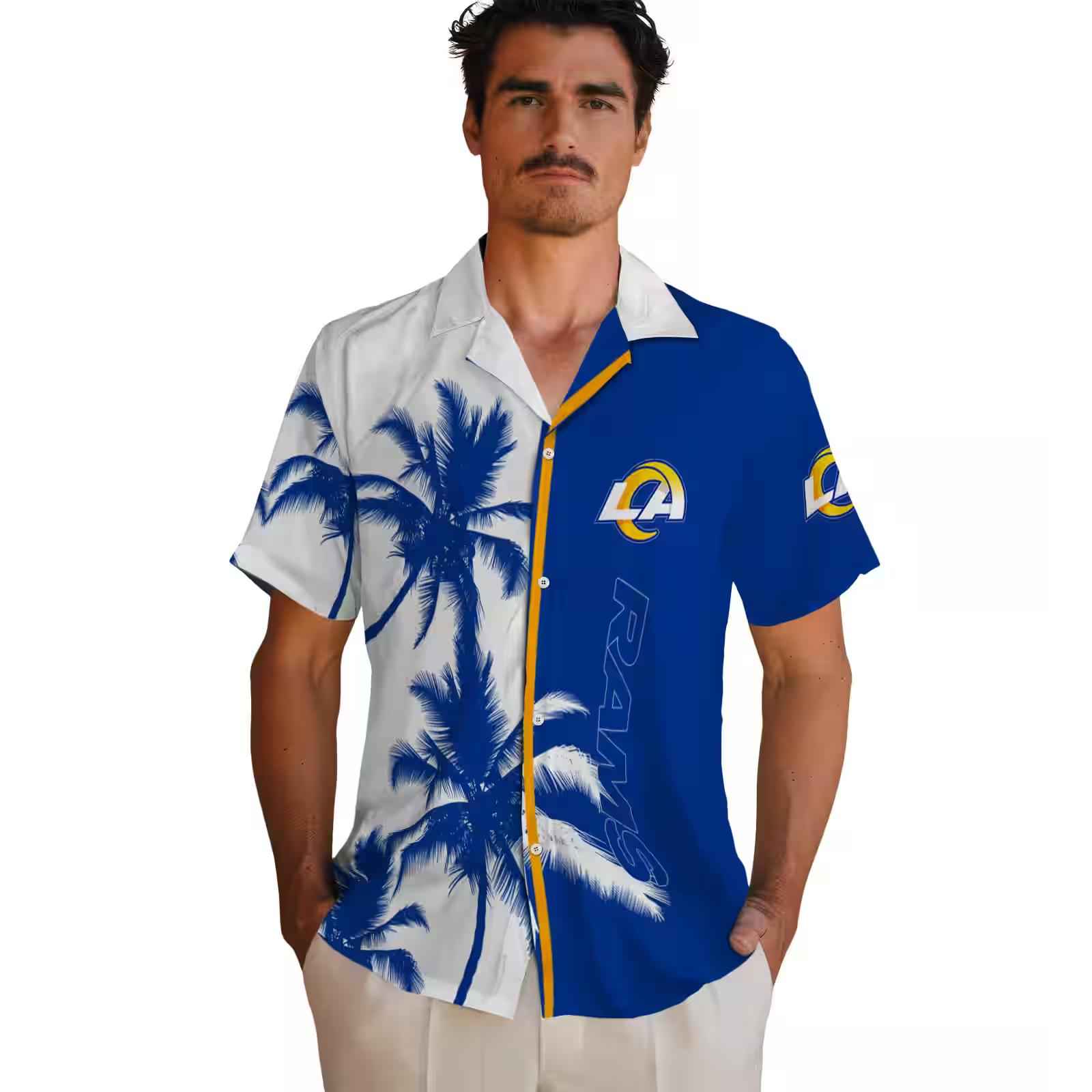 los angeles rams palm trees blue white hawaiian shirt fashion forward