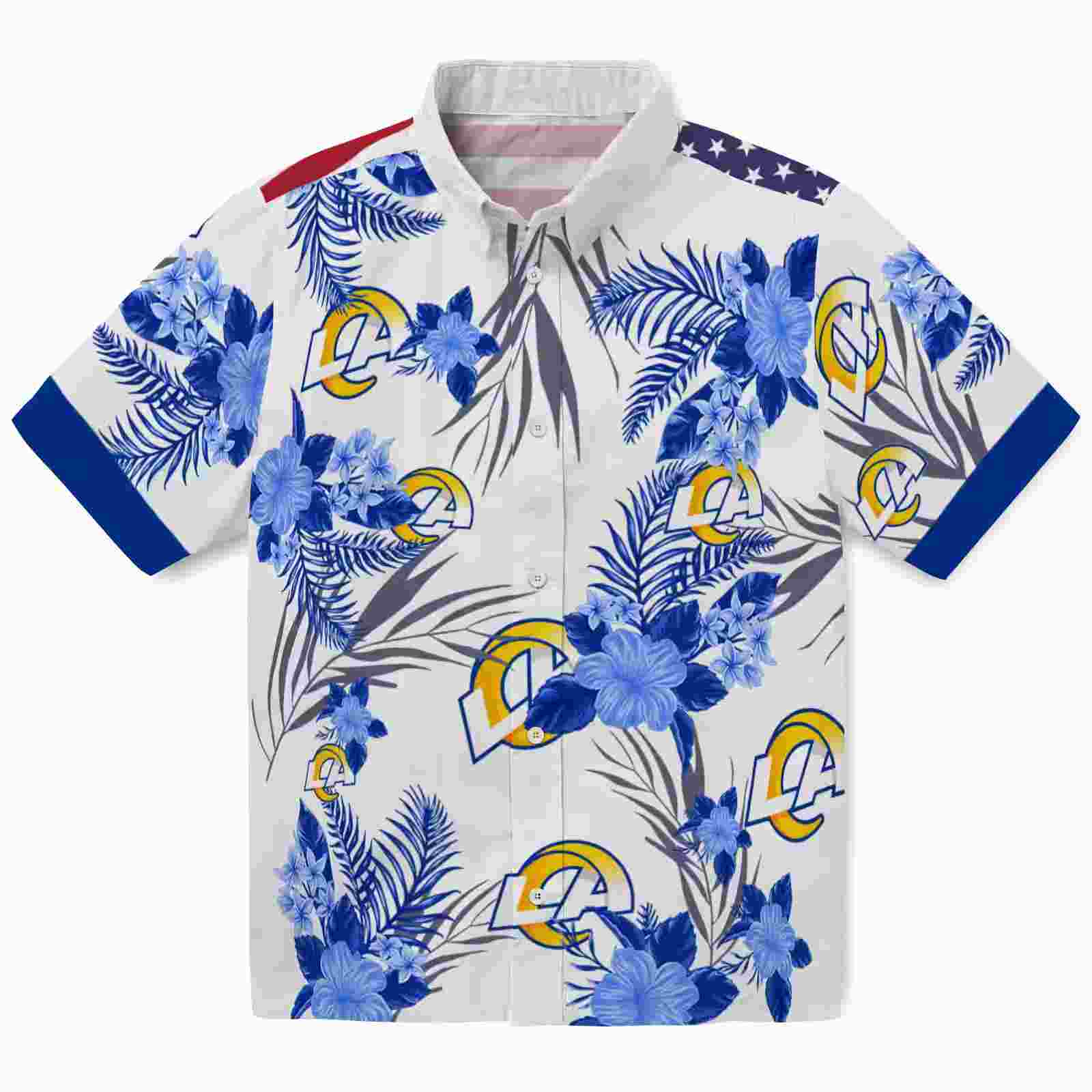 los angeles rams patriotic hibiscus design blue white hawaiian shirt best selling