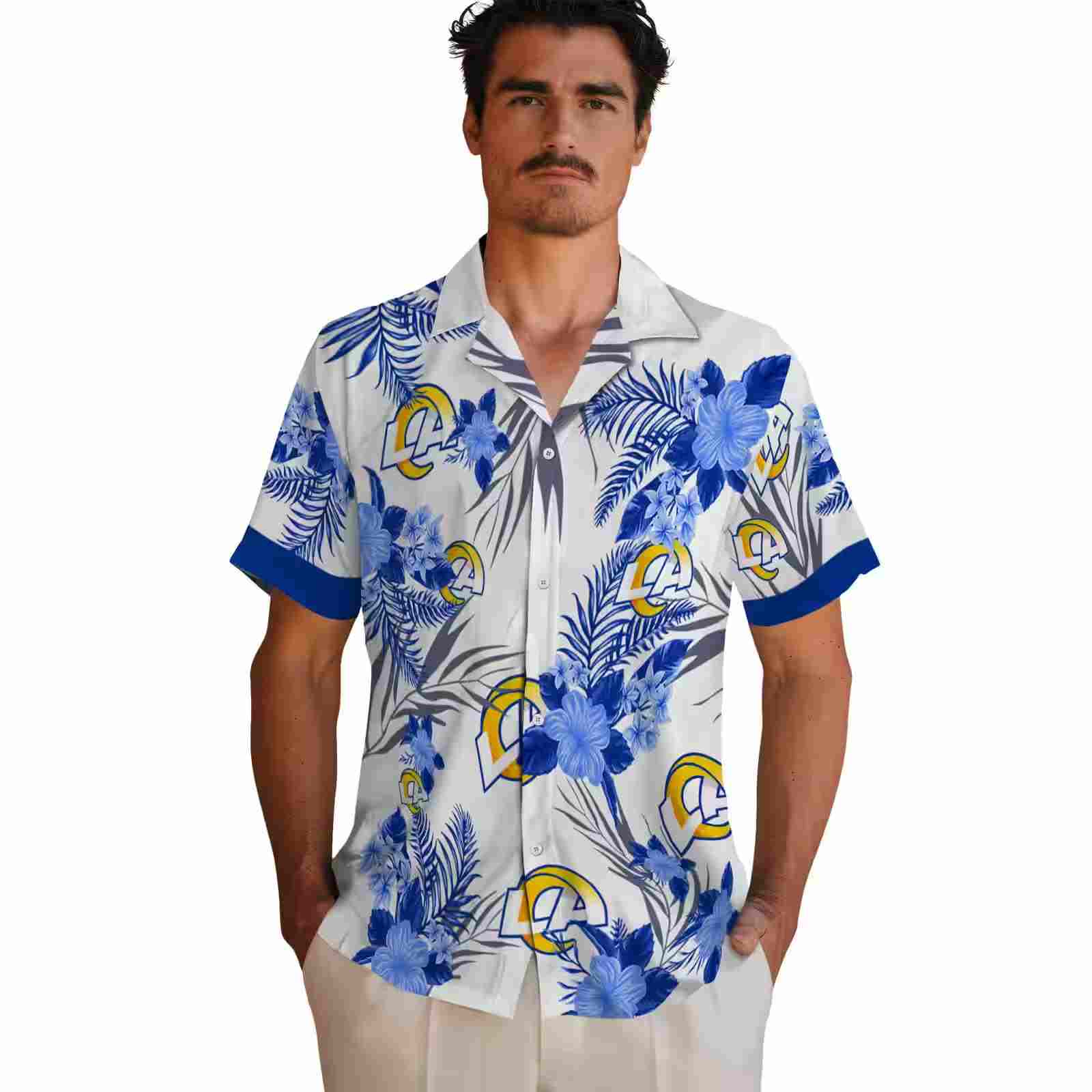 los angeles rams patriotic hibiscus design blue white hawaiian shirt fashion forward