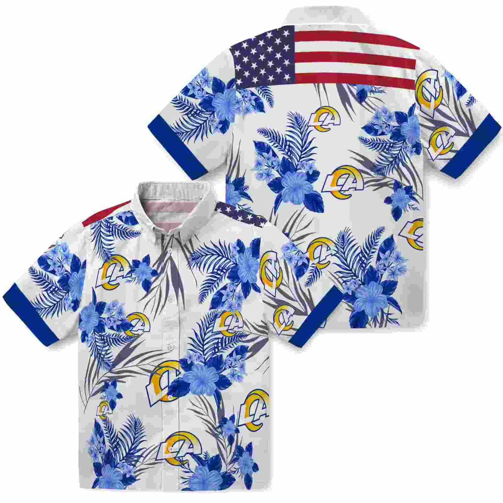 los angeles rams patriotic hibiscus design blue white hawaiian shirt high quality