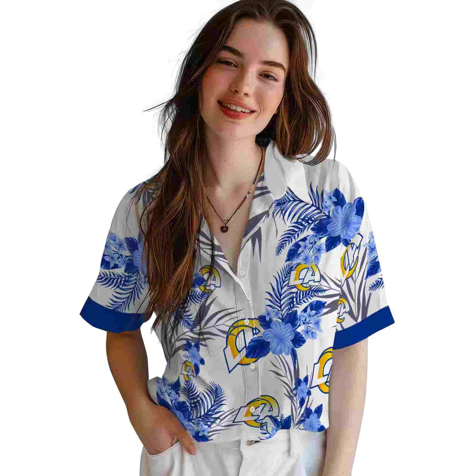 los angeles rams patriotic hibiscus design blue white hawaiian shirt latest model