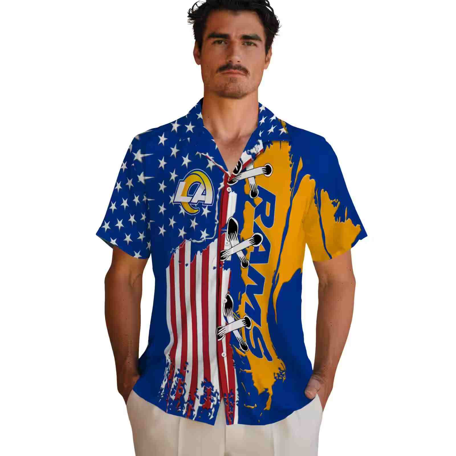 los angeles rams stitched flag blue hawaiian shirt fashion forward