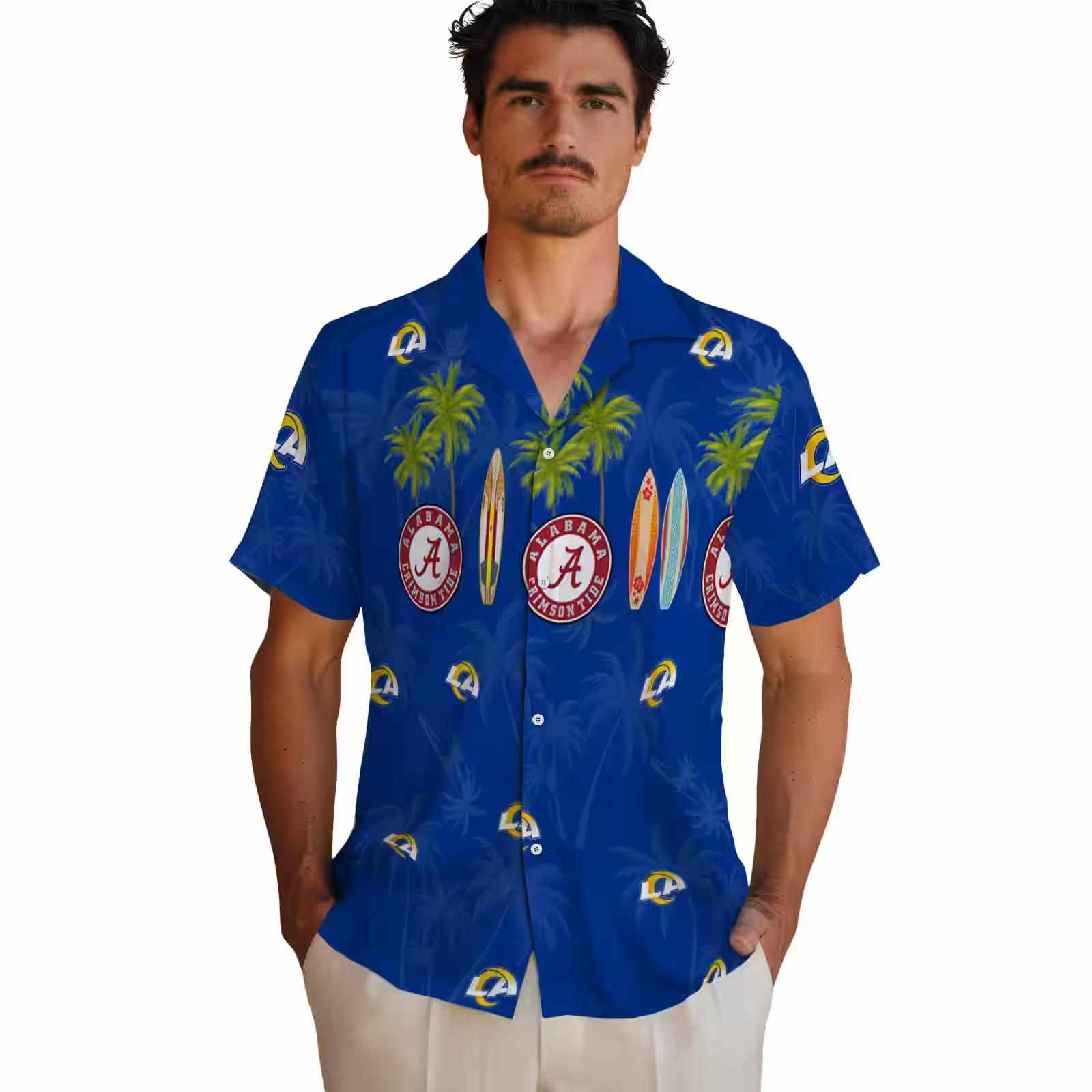 los angeles rams surfboard palm blue hawaiian shirt fashion forward