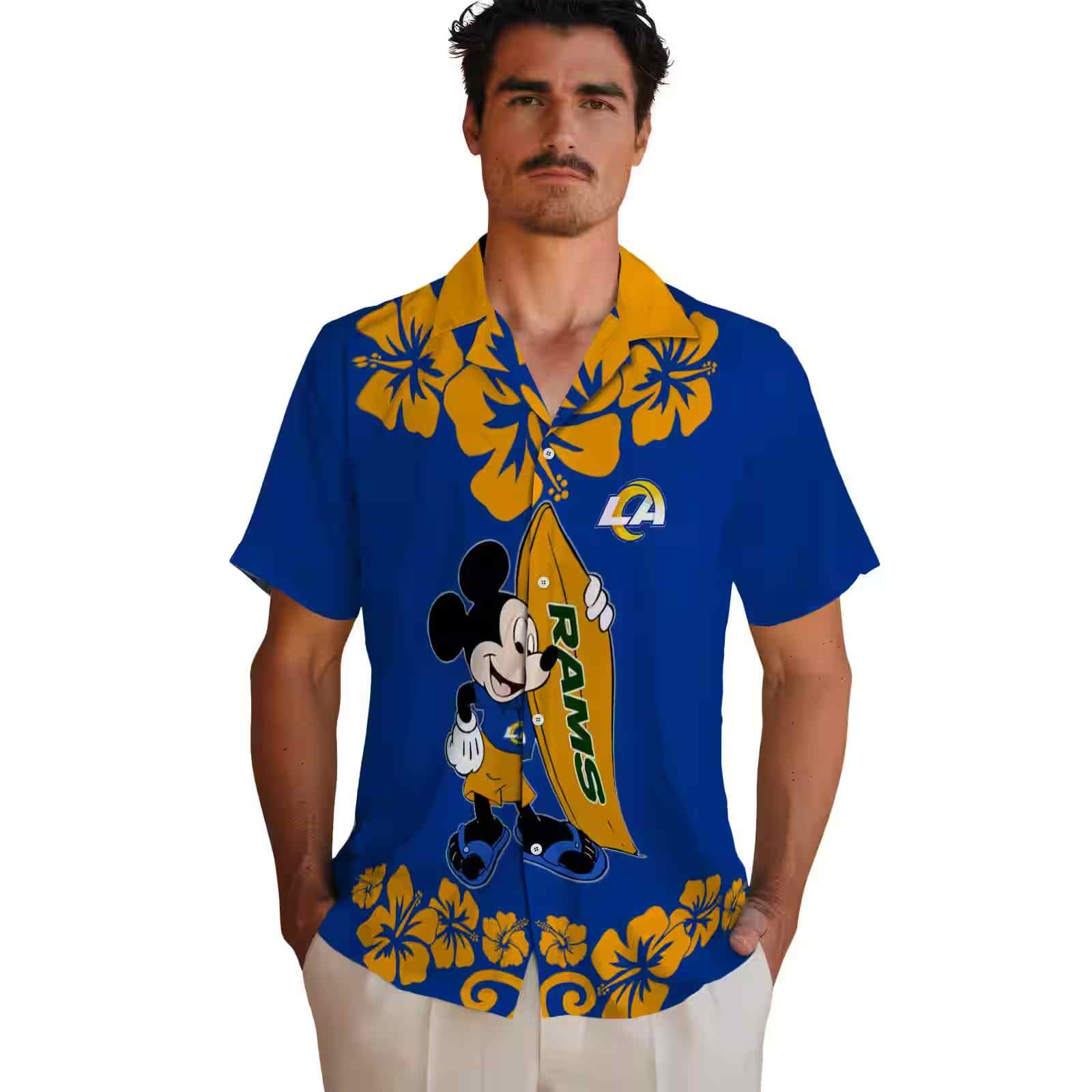 los angeles rams surfing mickey blue hawaiian shirt fashion forward