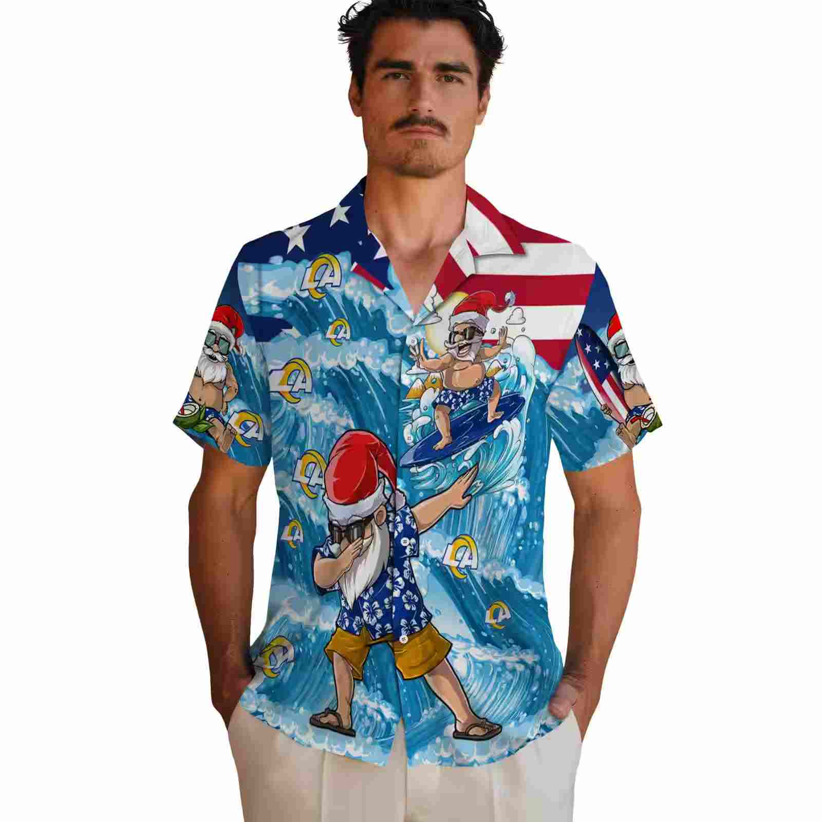 los angeles rams surfing santa blue hawaiian shirt fashion forward