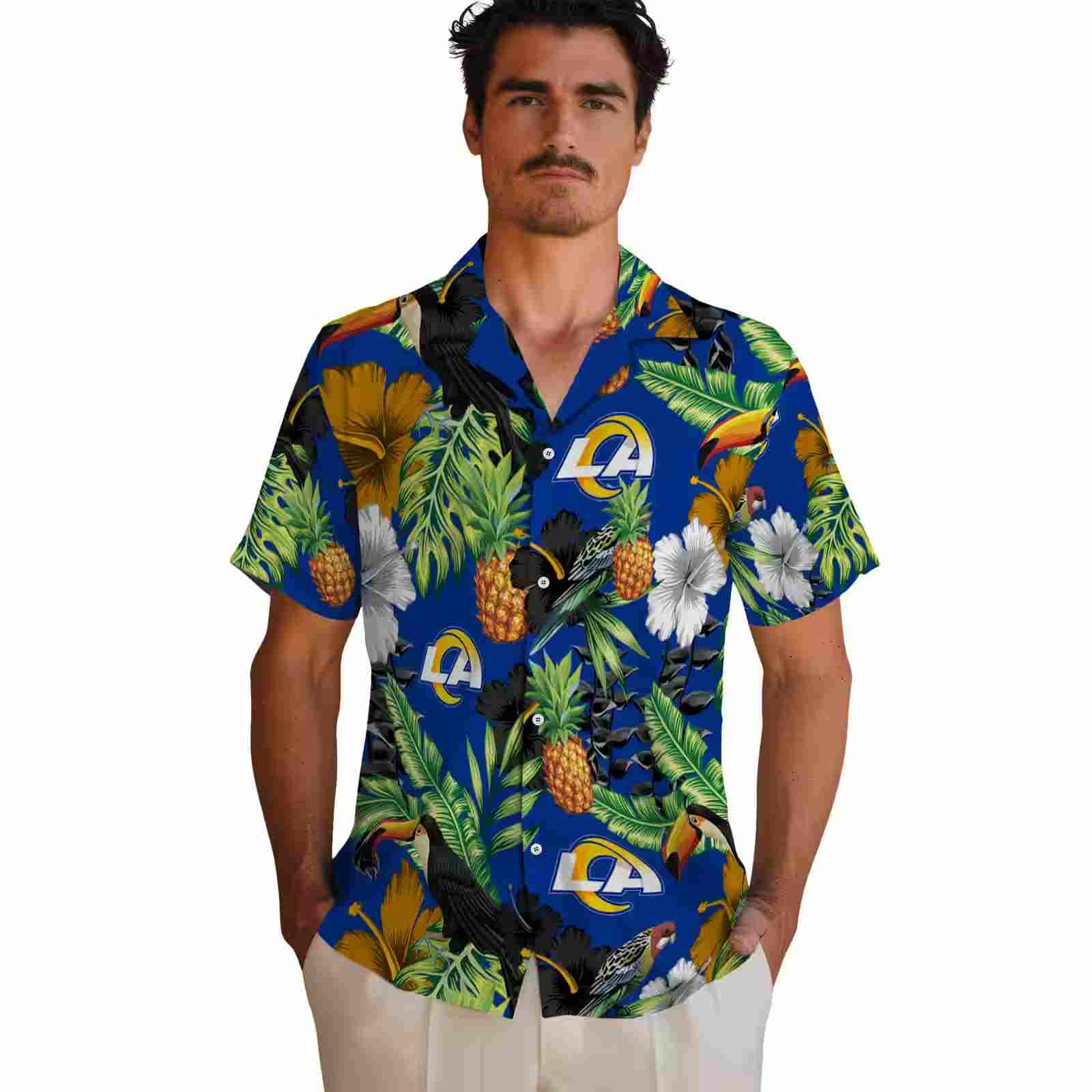 los angeles rams toucan hibiscus pineapple blue green hawaiian shirt fashion forward