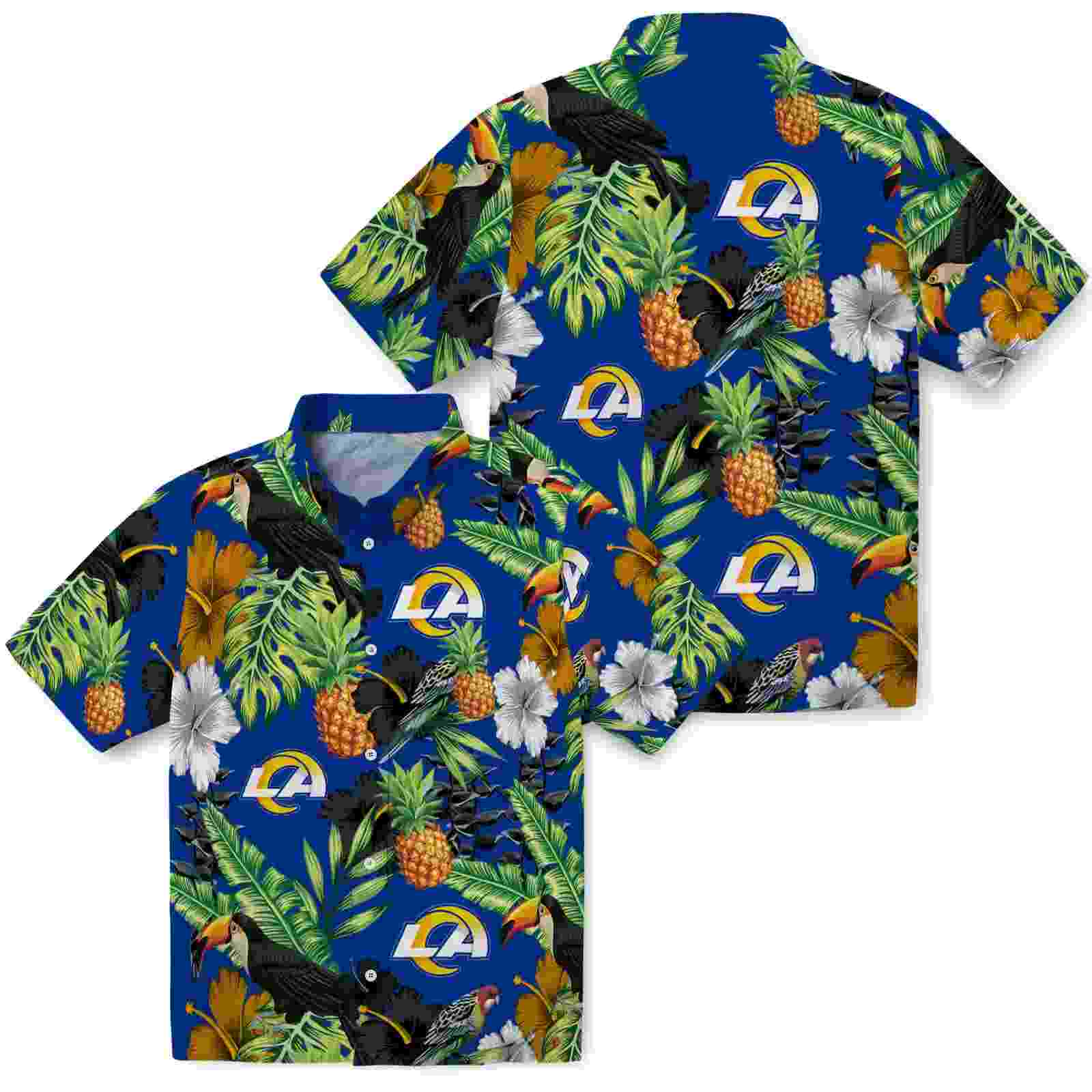 los angeles rams toucan hibiscus pineapple blue green hawaiian shirt high quality