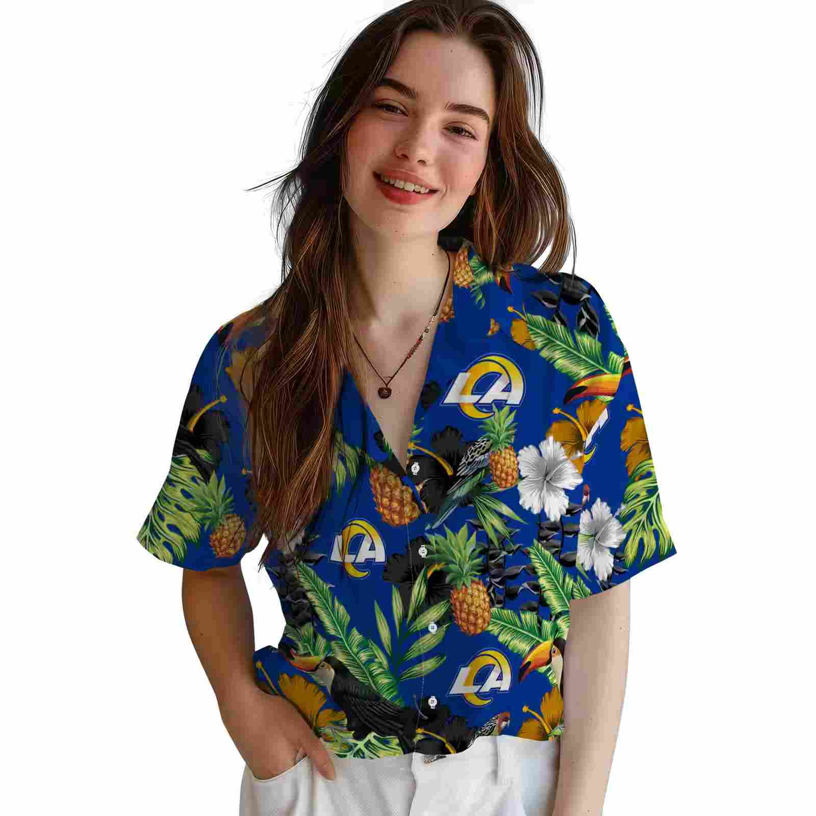 los angeles rams toucan hibiscus pineapple blue green hawaiian shirt latest model