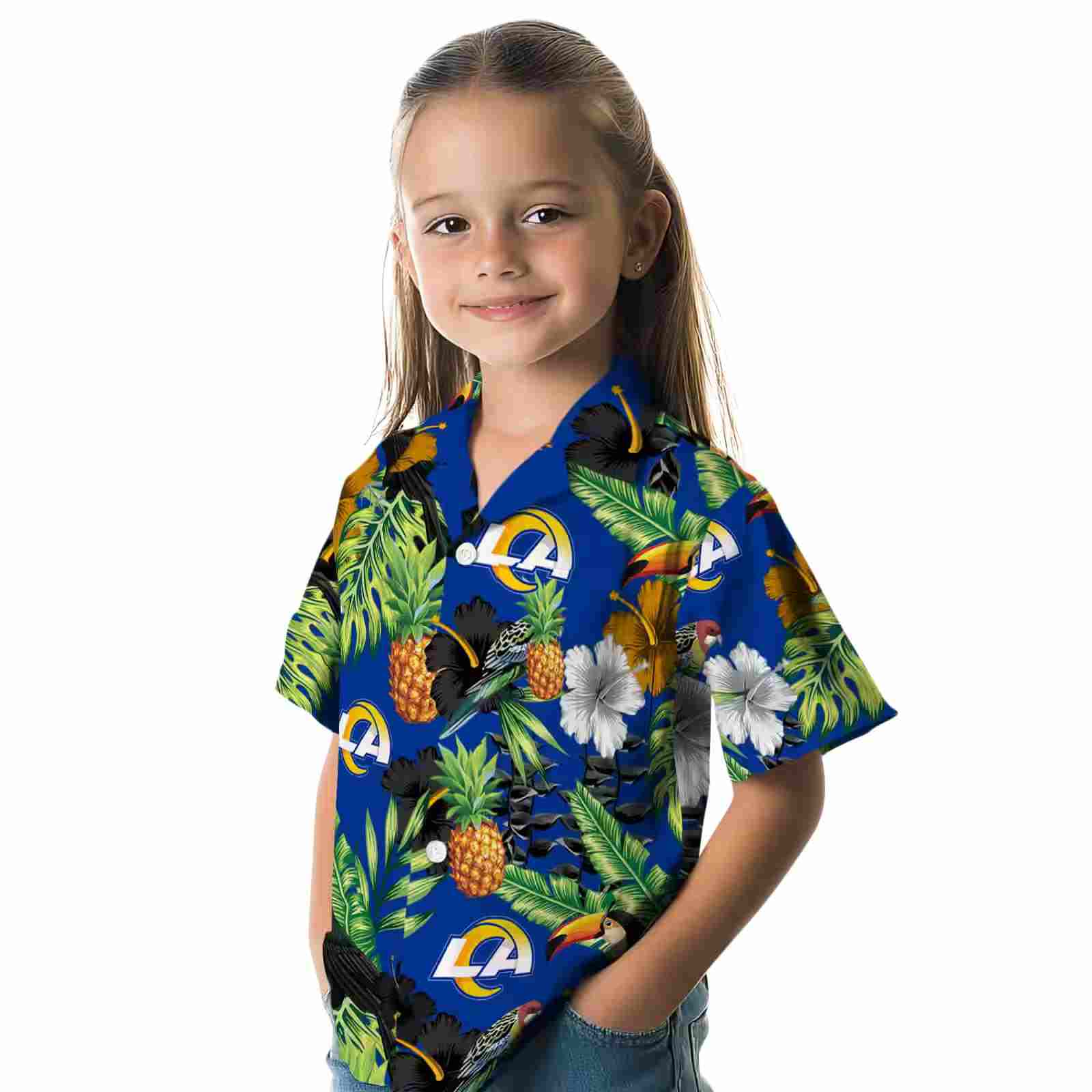 los angeles rams toucan hibiscus pineapple blue green hawaiian shirt premium grade