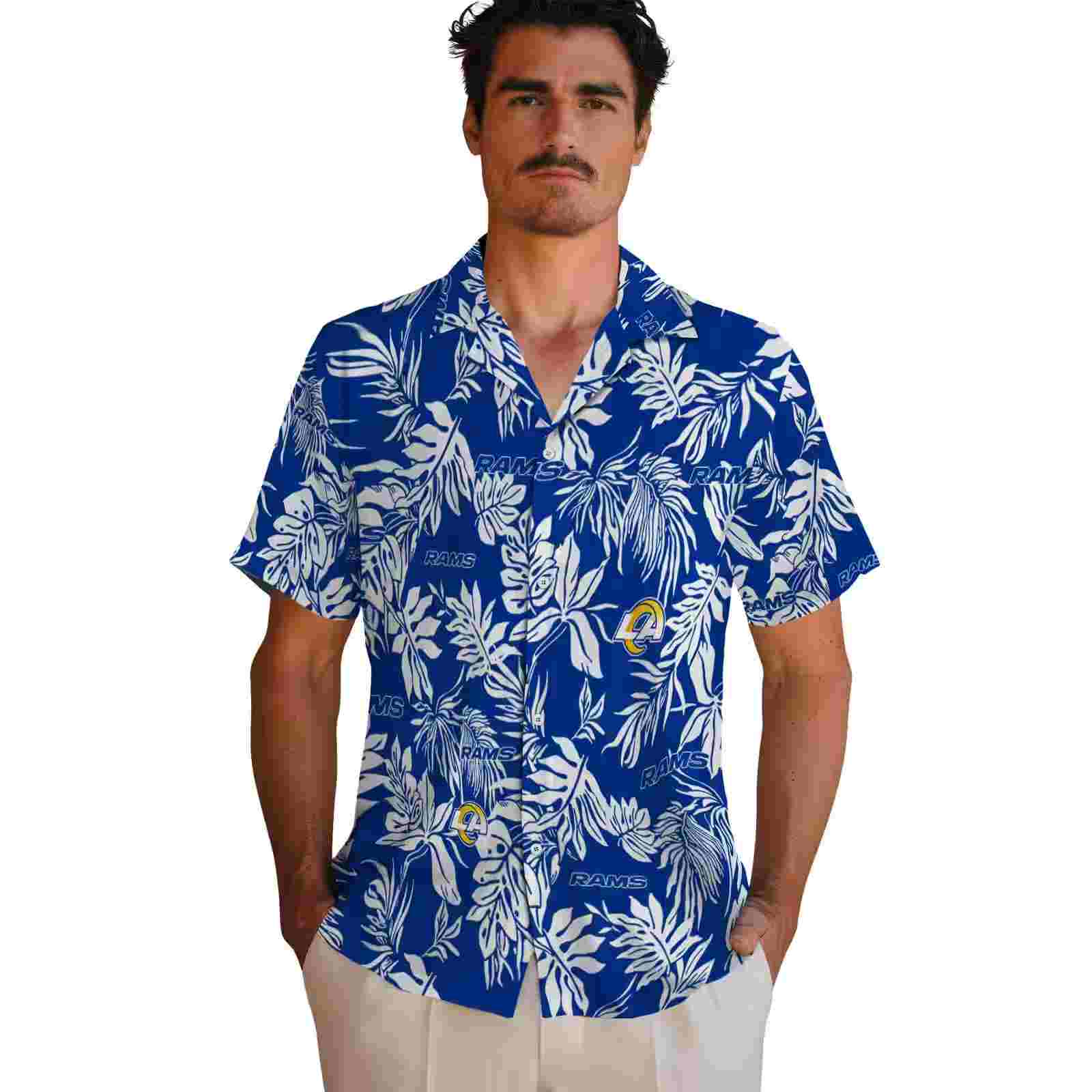 los angeles rams tropical leaf blue white hawaiian shirt fashion forward