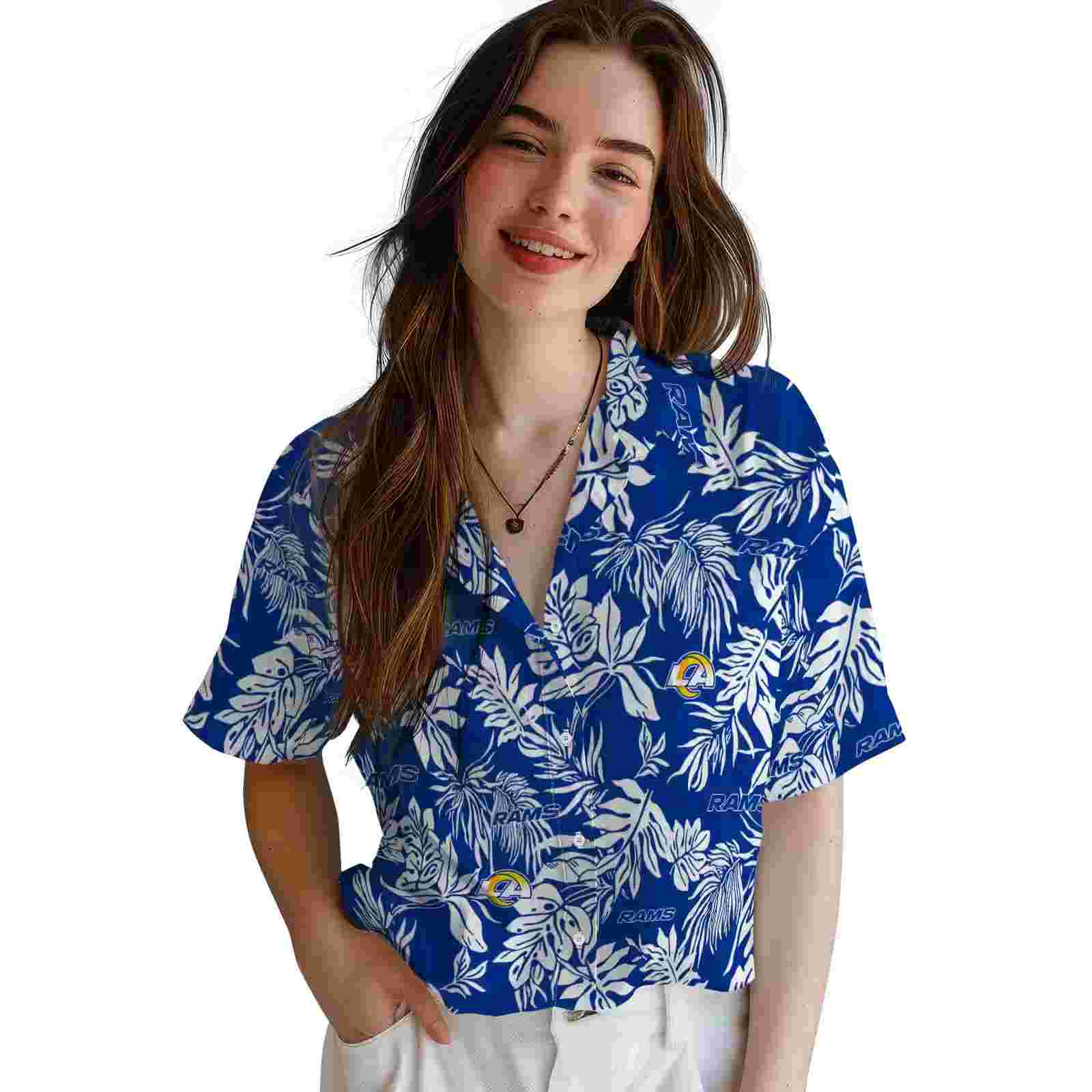 los angeles rams tropical leaf blue white hawaiian shirt latest model