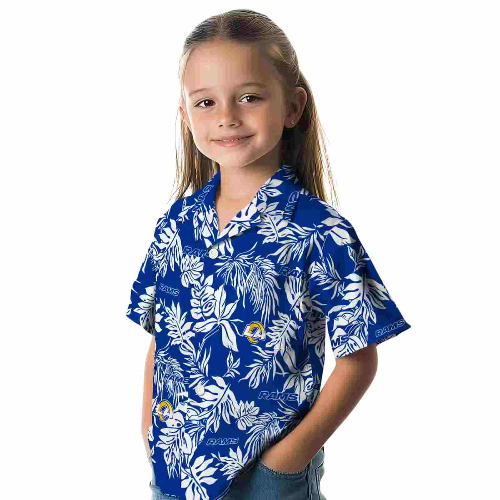 los angeles rams tropical leaf blue white hawaiian shirt premium grade