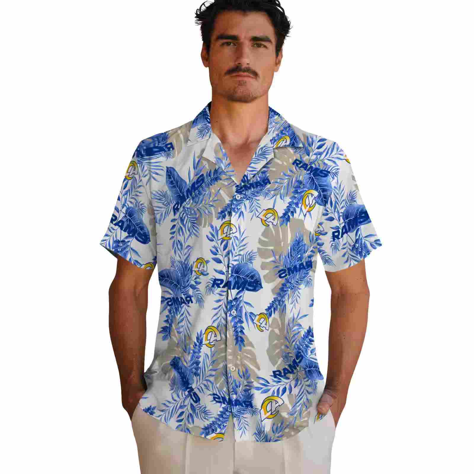 los angeles rams tropical leaves blue white hawaiian shirt fashion forward