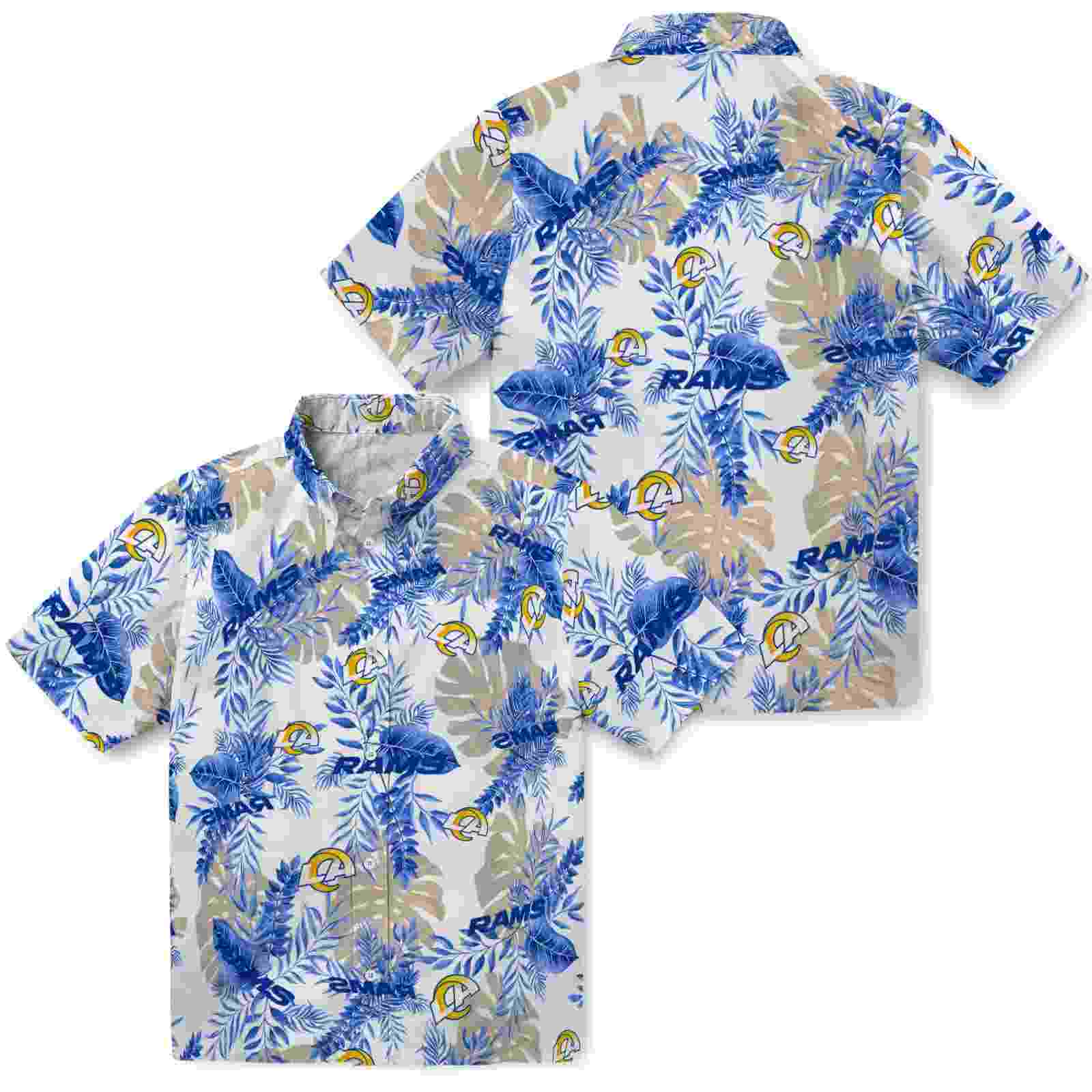 los angeles rams tropical leaves blue white hawaiian shirt high quality