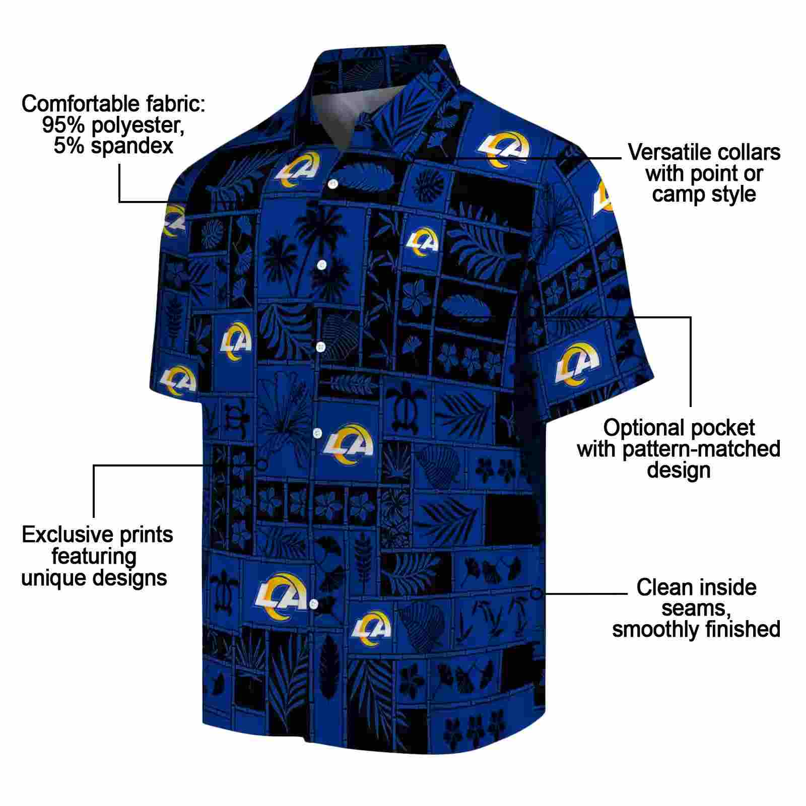 los angeles rams tropical patchwork blue black hawaiian shirt new arrival