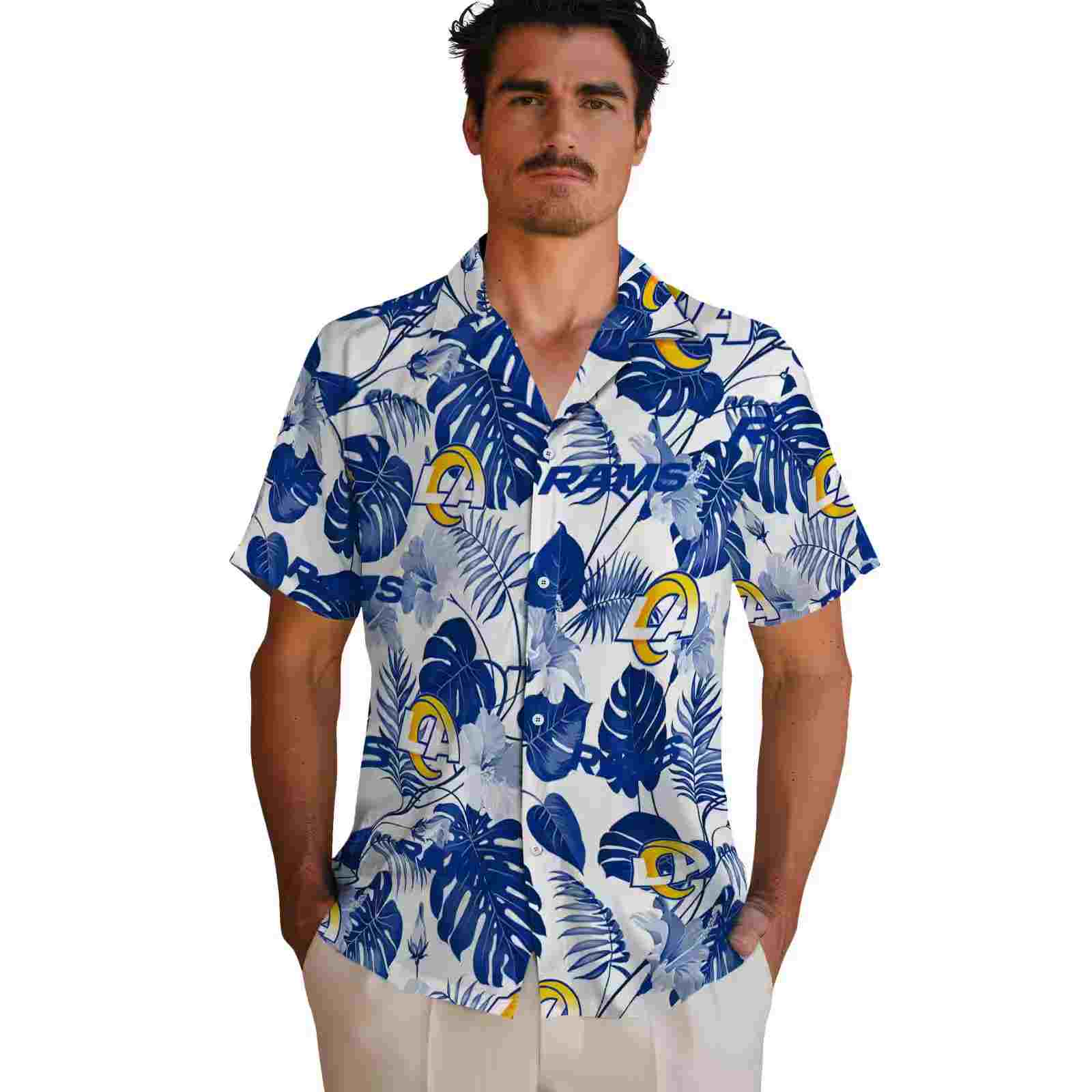 los angeles rams tropical plants blue white hawaiian shirt fashion forward