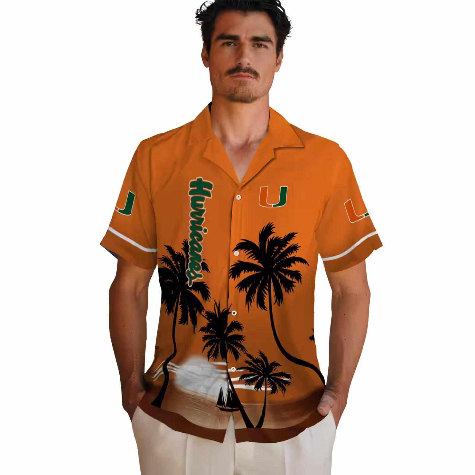 miami hurricanes beach sunset orange black hawaiian shirt fashion forward