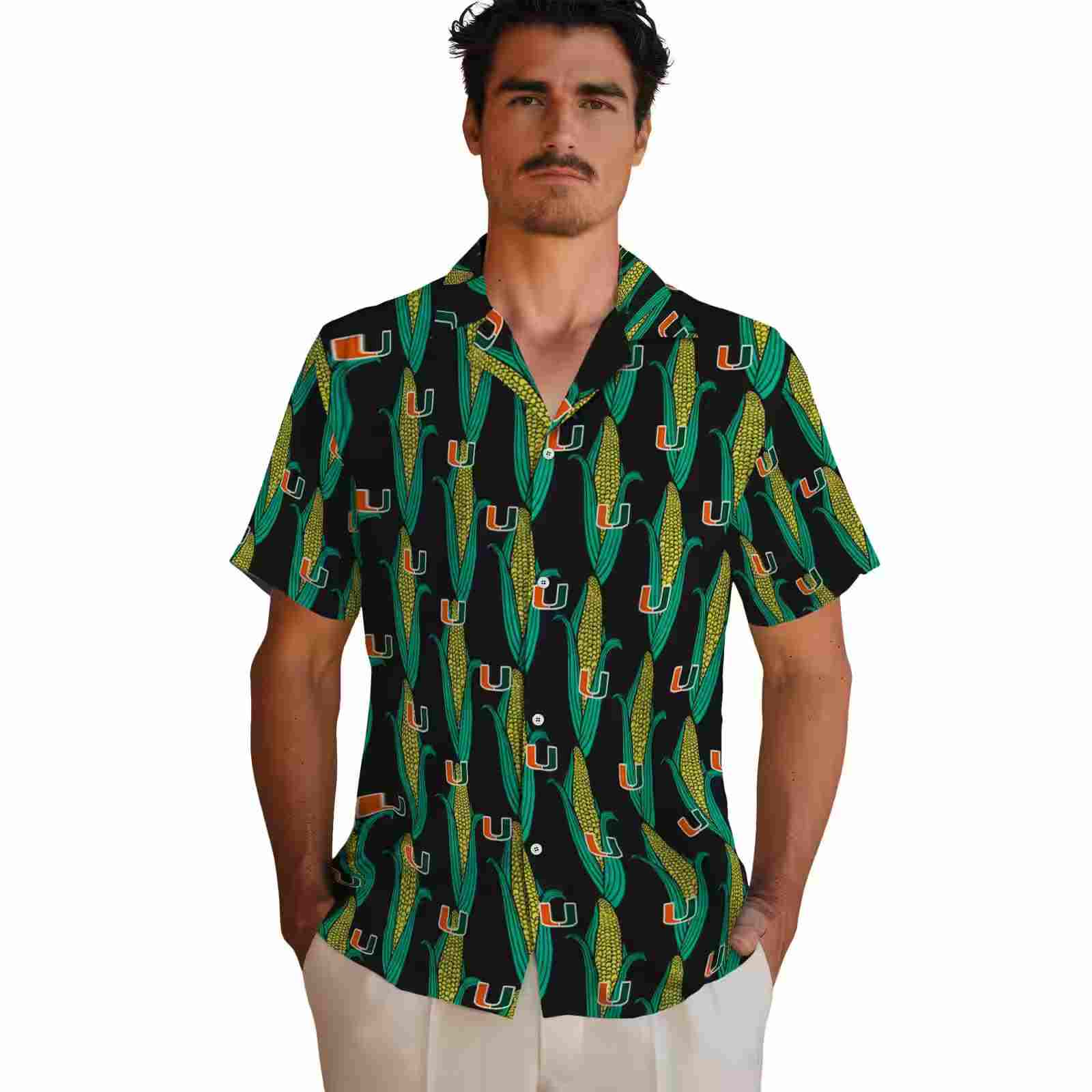 miami hurricanes corn motifs black green hawaiian shirt fashion forward