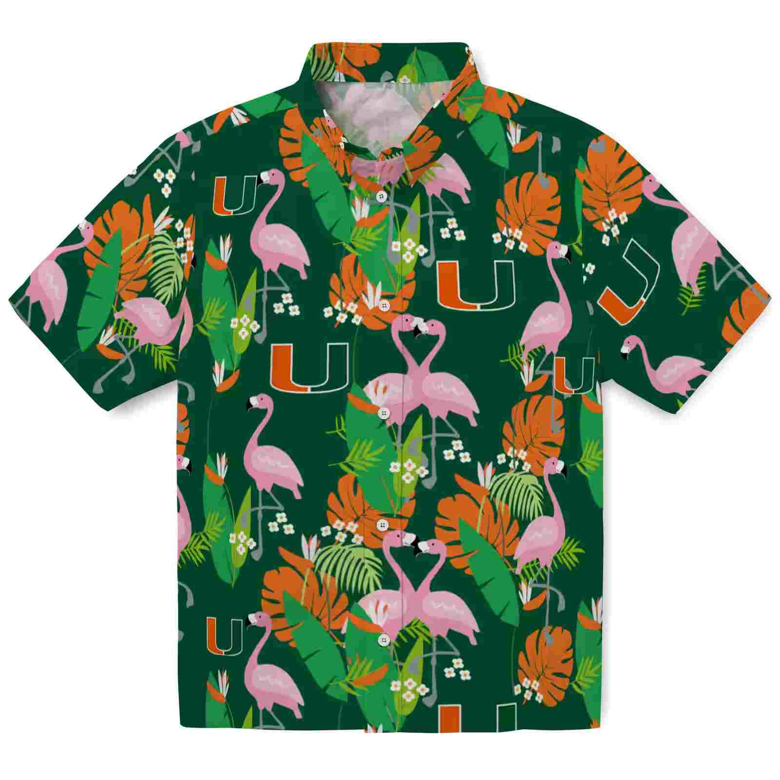 Miami Hurricanes Flamingo Foliage Orange Green Hawaiian Shirt