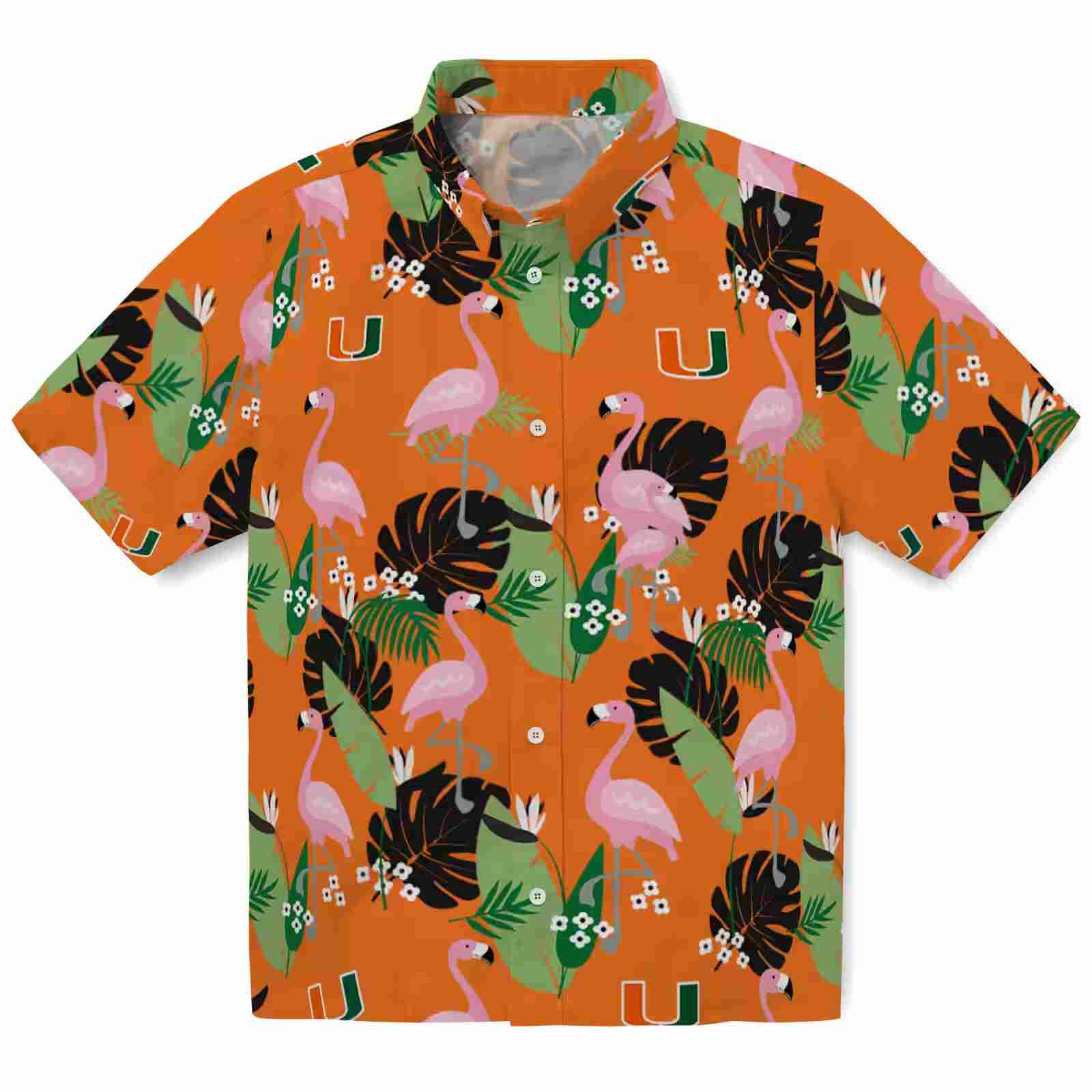 Miami Hurricanes Flamingo Leaf Motif Orange Hawaiian Shirt