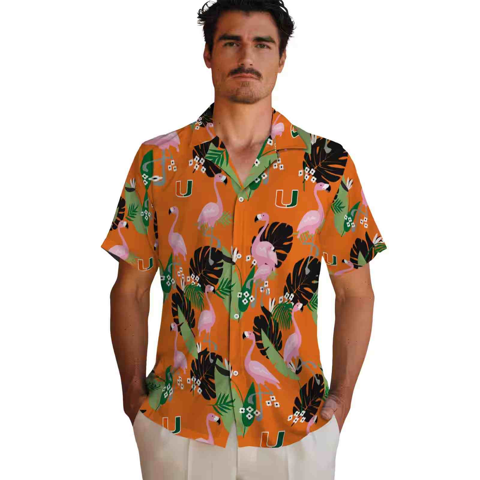 miami hurricanes flamingo leaf motif orange hawaiian shirt fashion forward