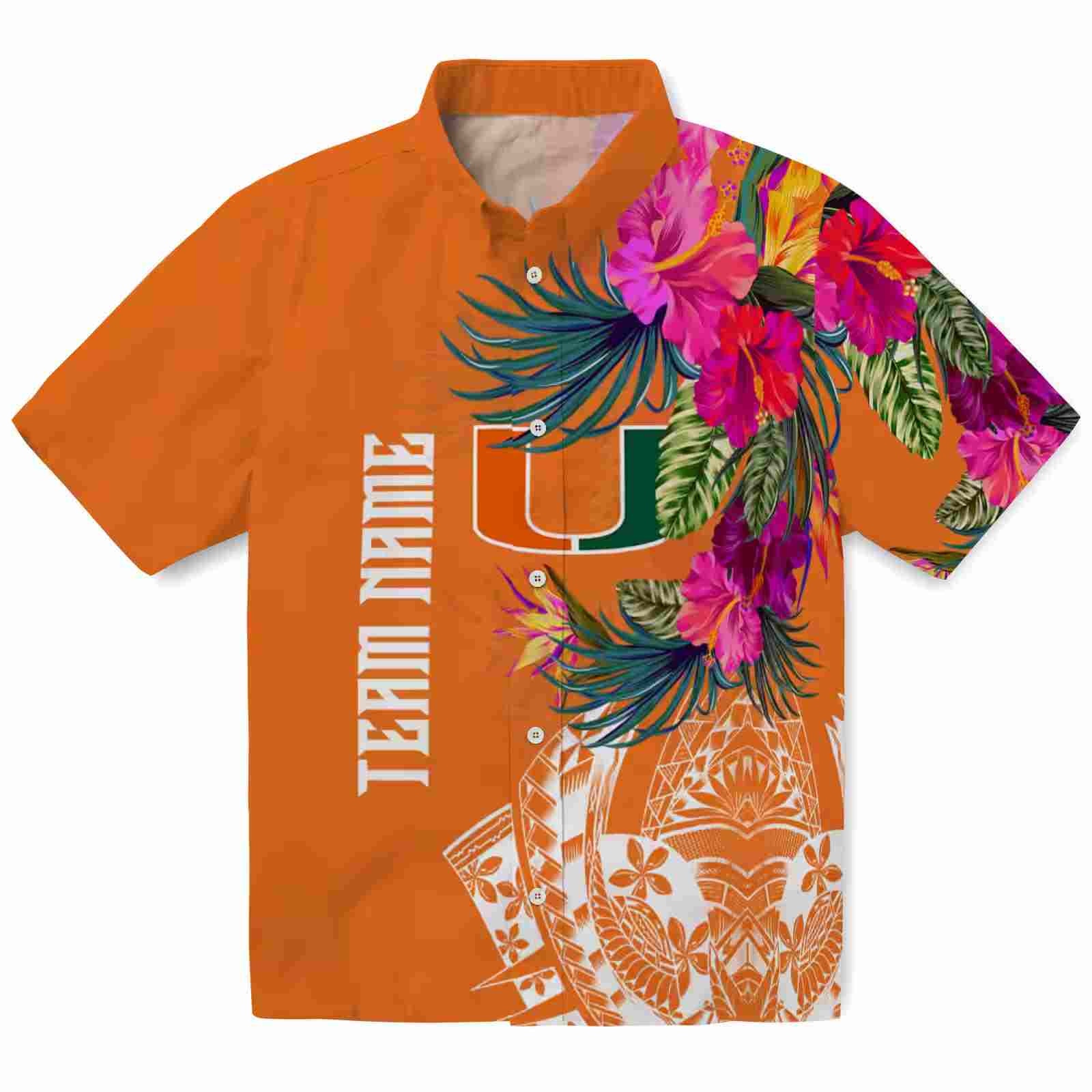 Miami Hurricanes Floral Polynesian Orange Hawaiian Shirt