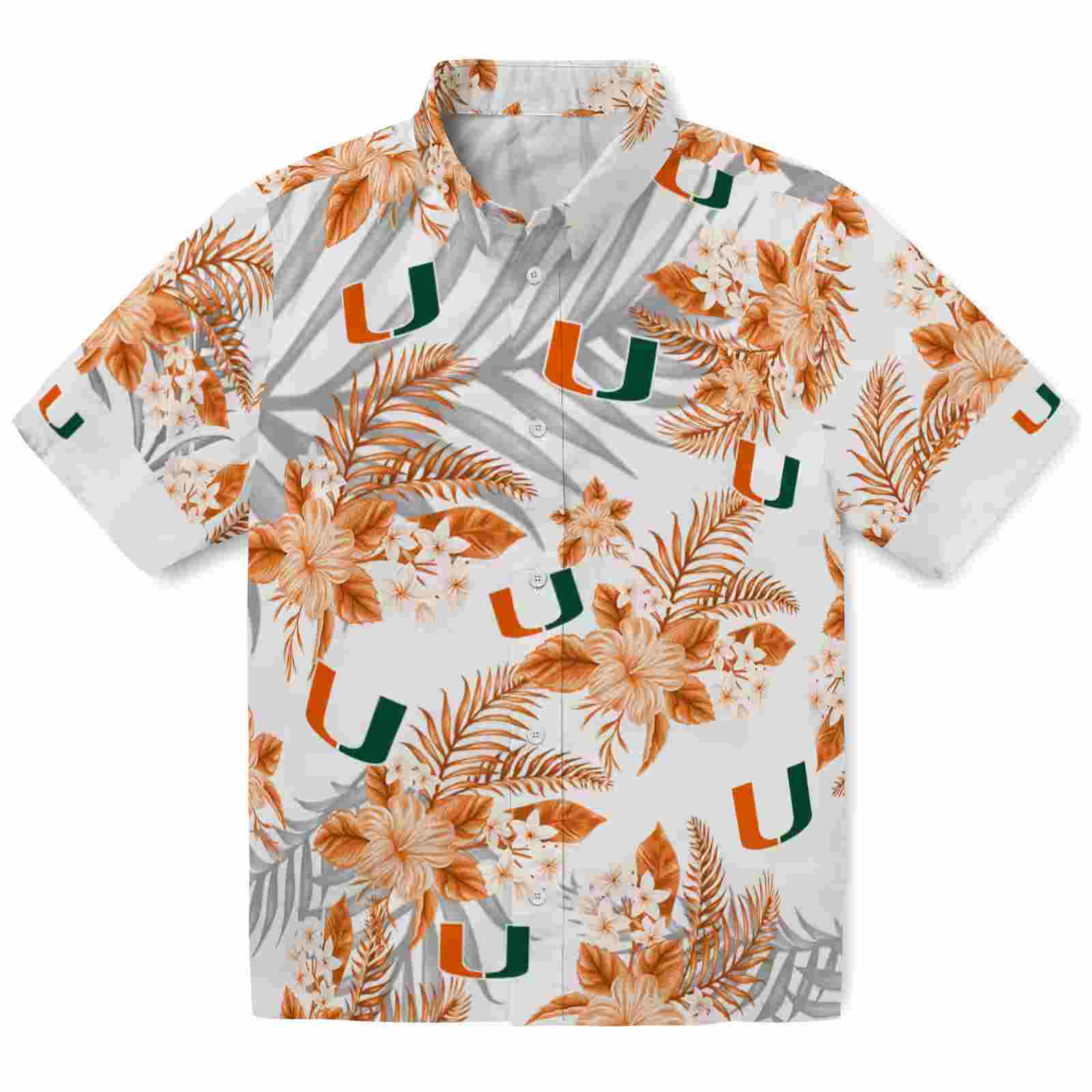 Miami Hurricanes Hibiscus Palm Leaves Orange White Hawaiian Shirt