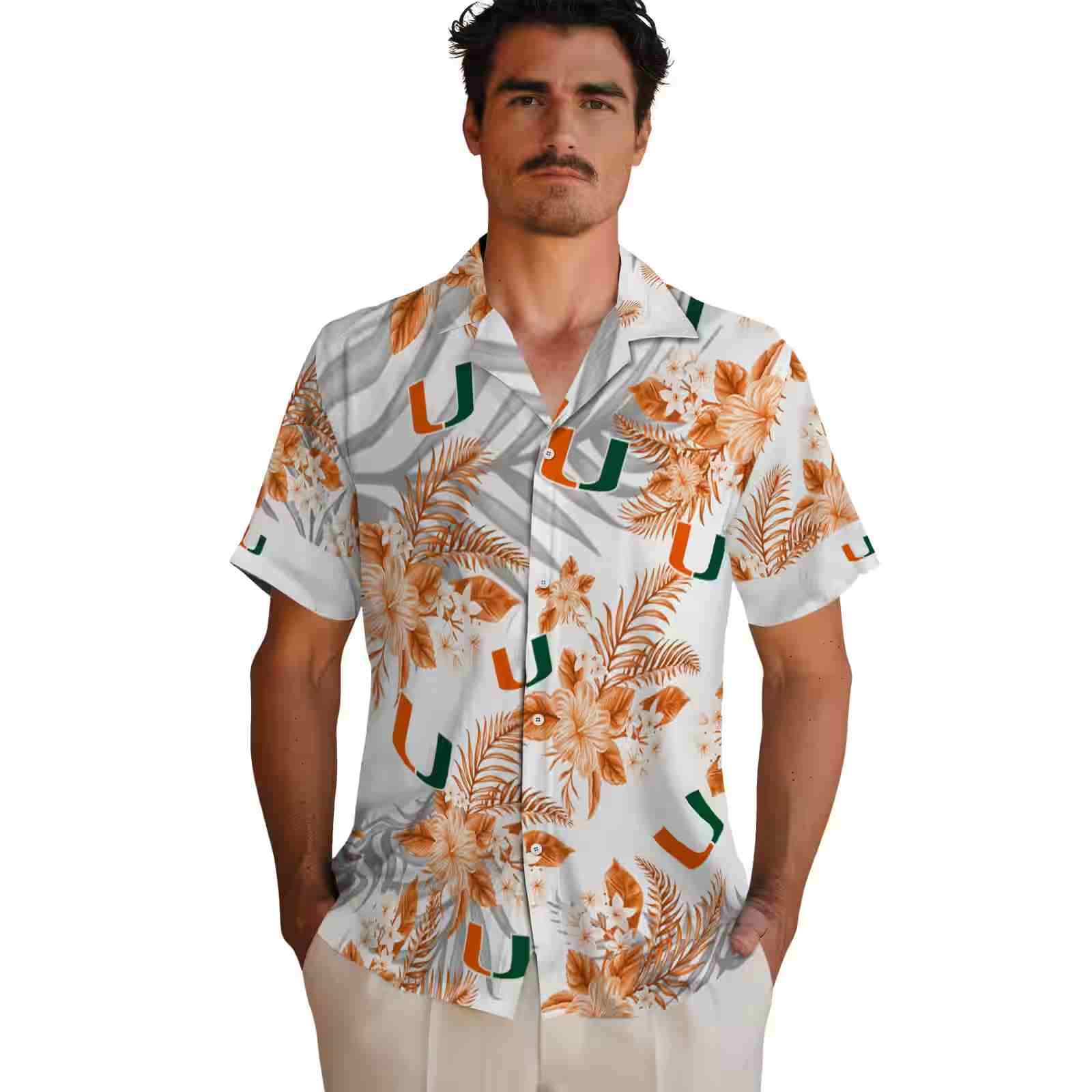 miami hurricanes hibiscus palm leaves orange white hawaiian shirt fashion forward