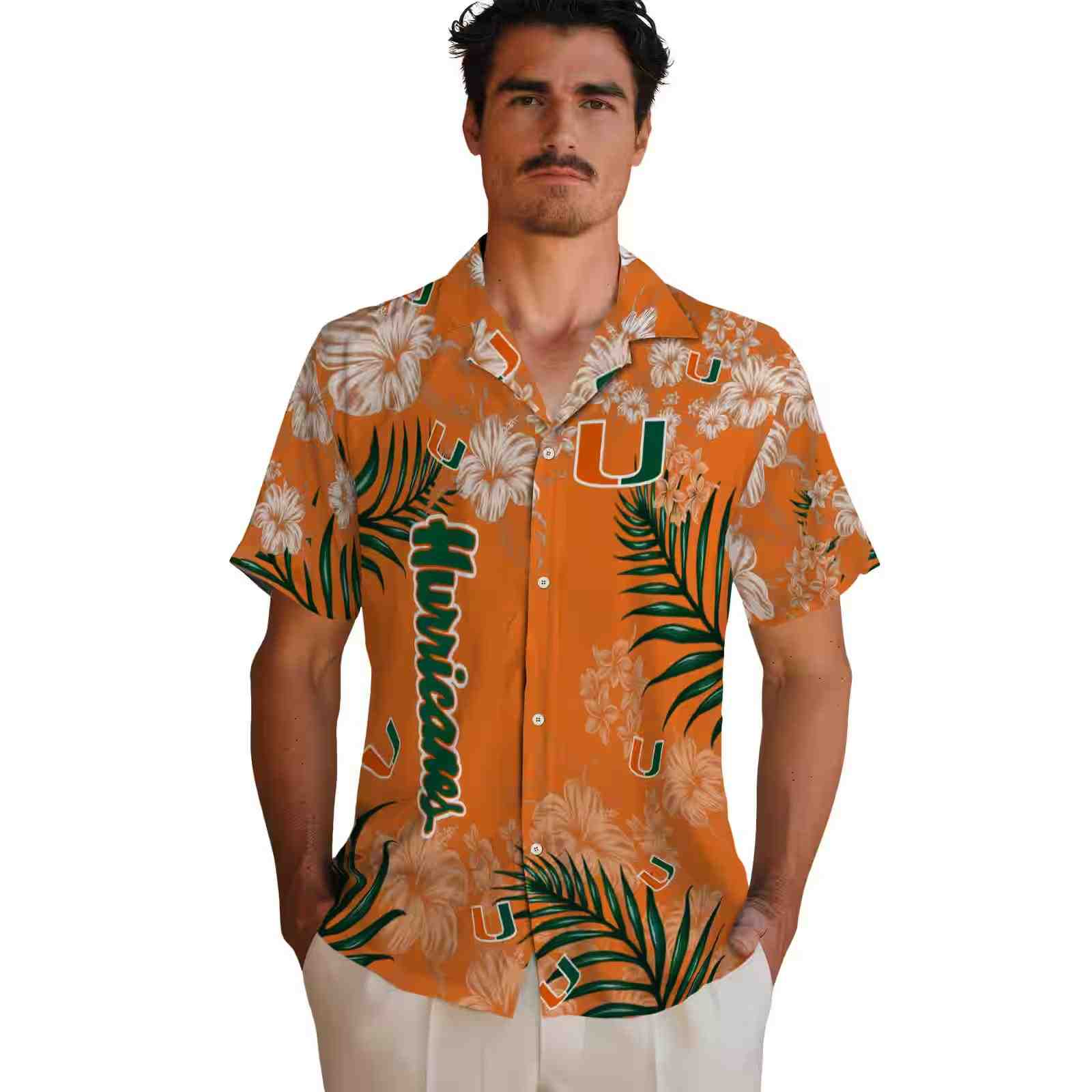 miami hurricanes hibiscus print orange hawaiian shirt fashion forward