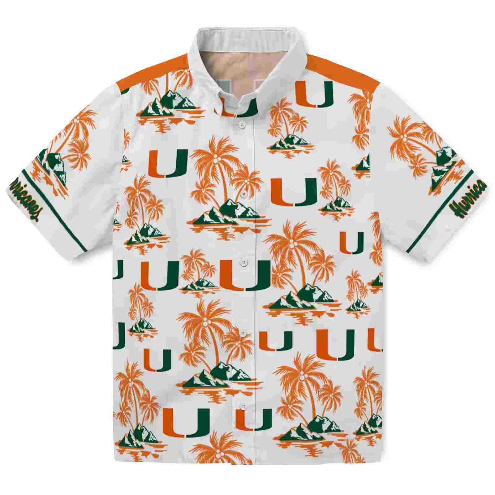 Miami Hurricanes Palm Island Print Orange White Hawaiian Shirt