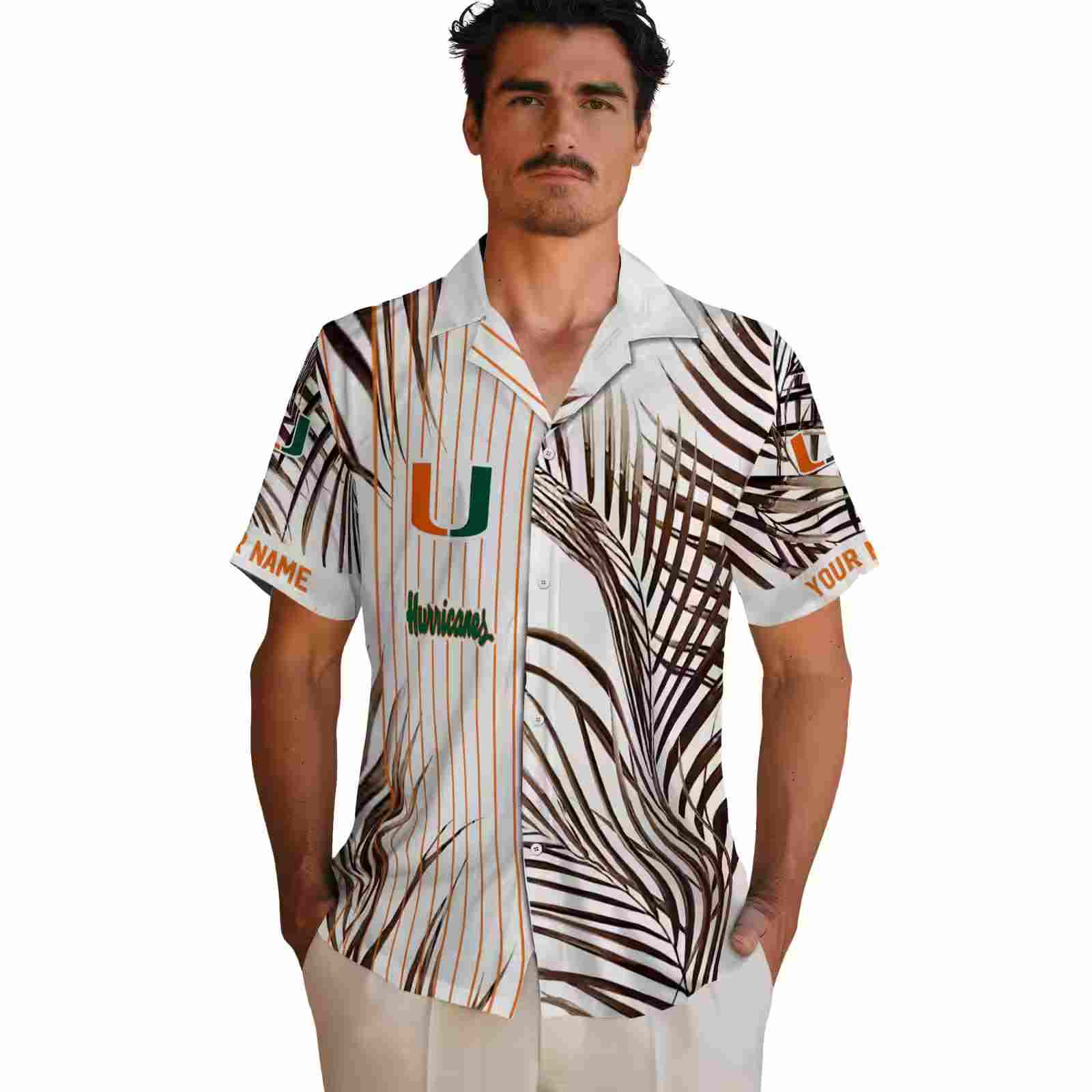 miami hurricanes palm stripes orange black white hawaiian shirt fashion forward