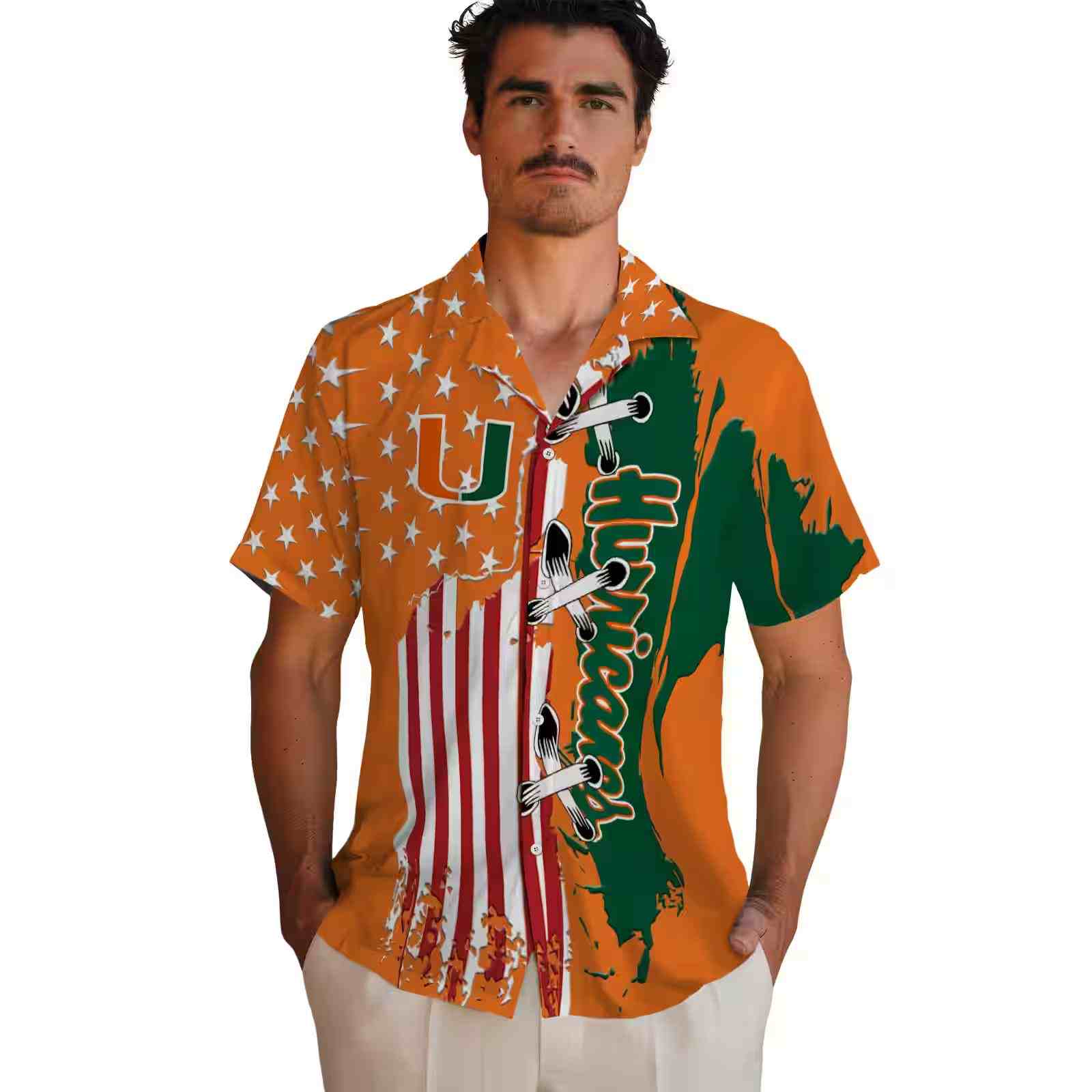 miami hurricanes stitched flag orange hawaiian shirt fashion forward