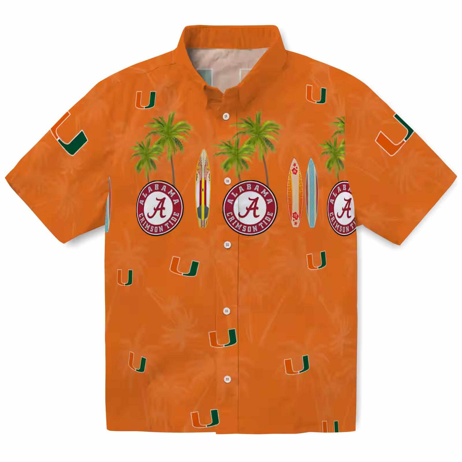 Miami Hurricanes Surfboard Palm Orange Hawaiian Shirt