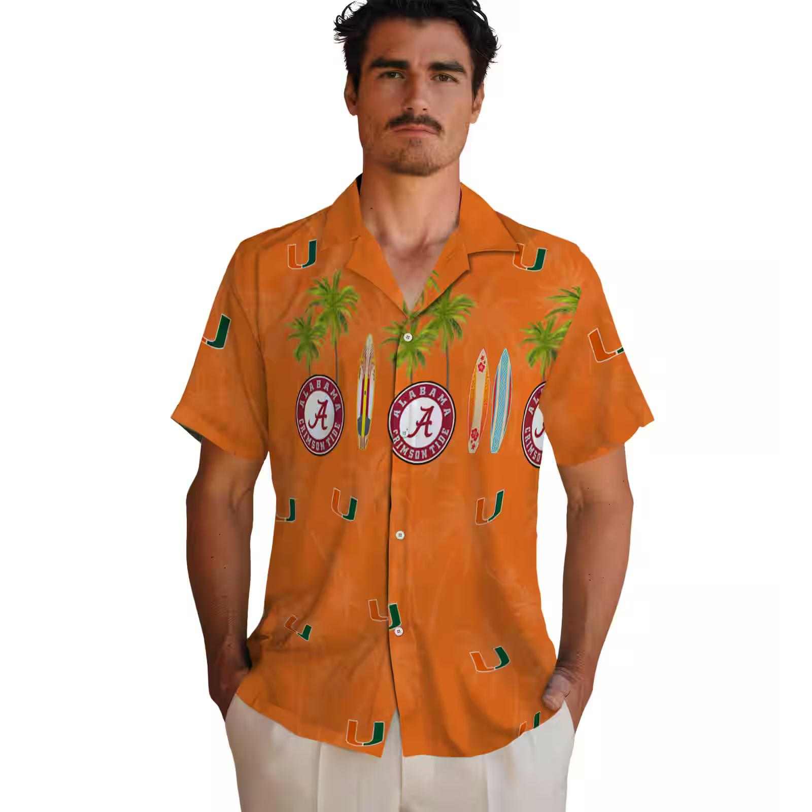 miami hurricanes surfboard palm orange hawaiian shirt fashion forward