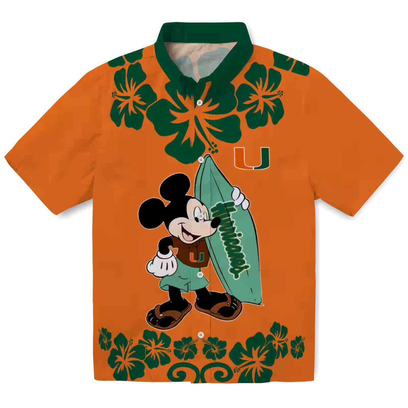 Miami Hurricanes Surfing Mickey Orange Hawaiian Shirt