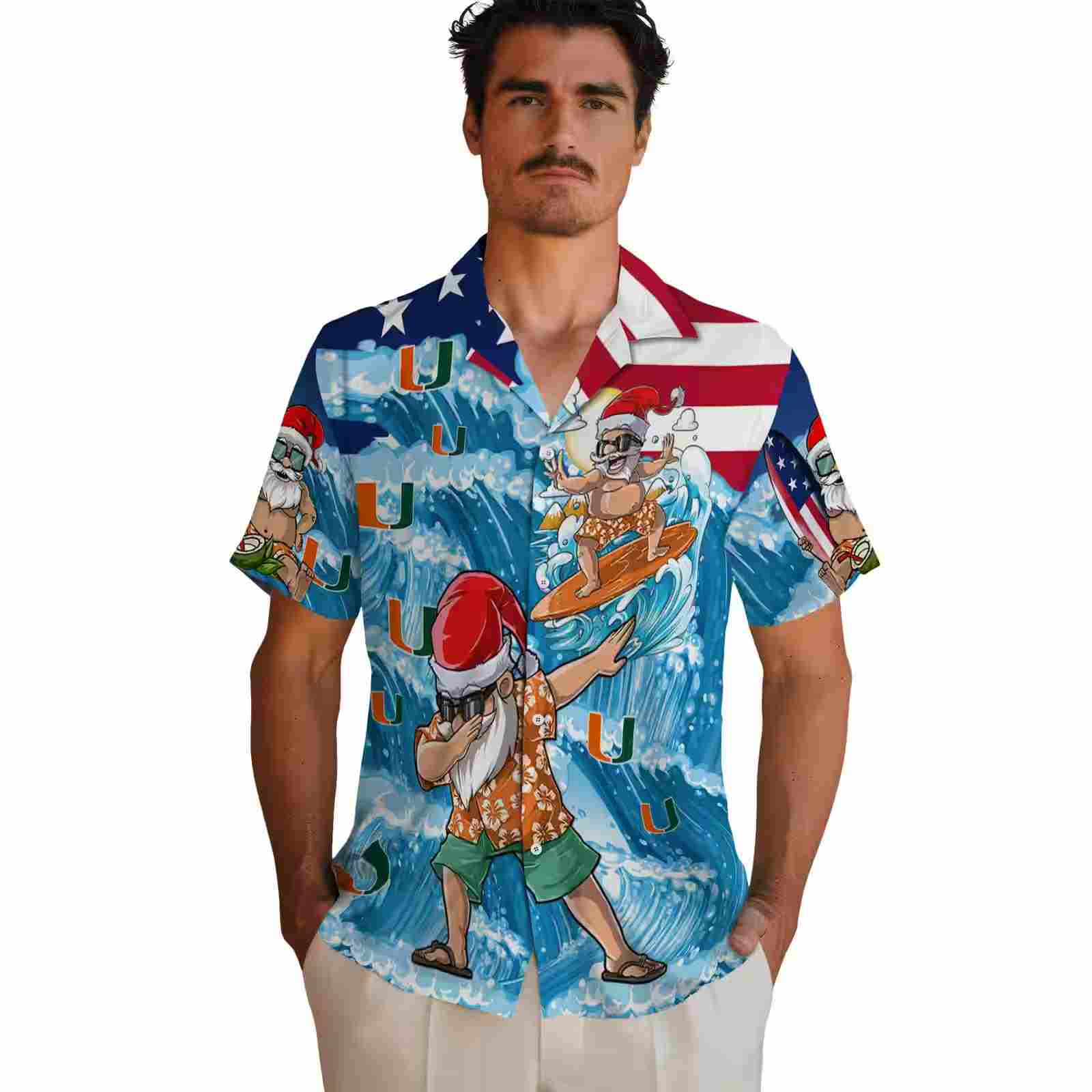 miami hurricanes surfing santa blue hawaiian shirt fashion forward