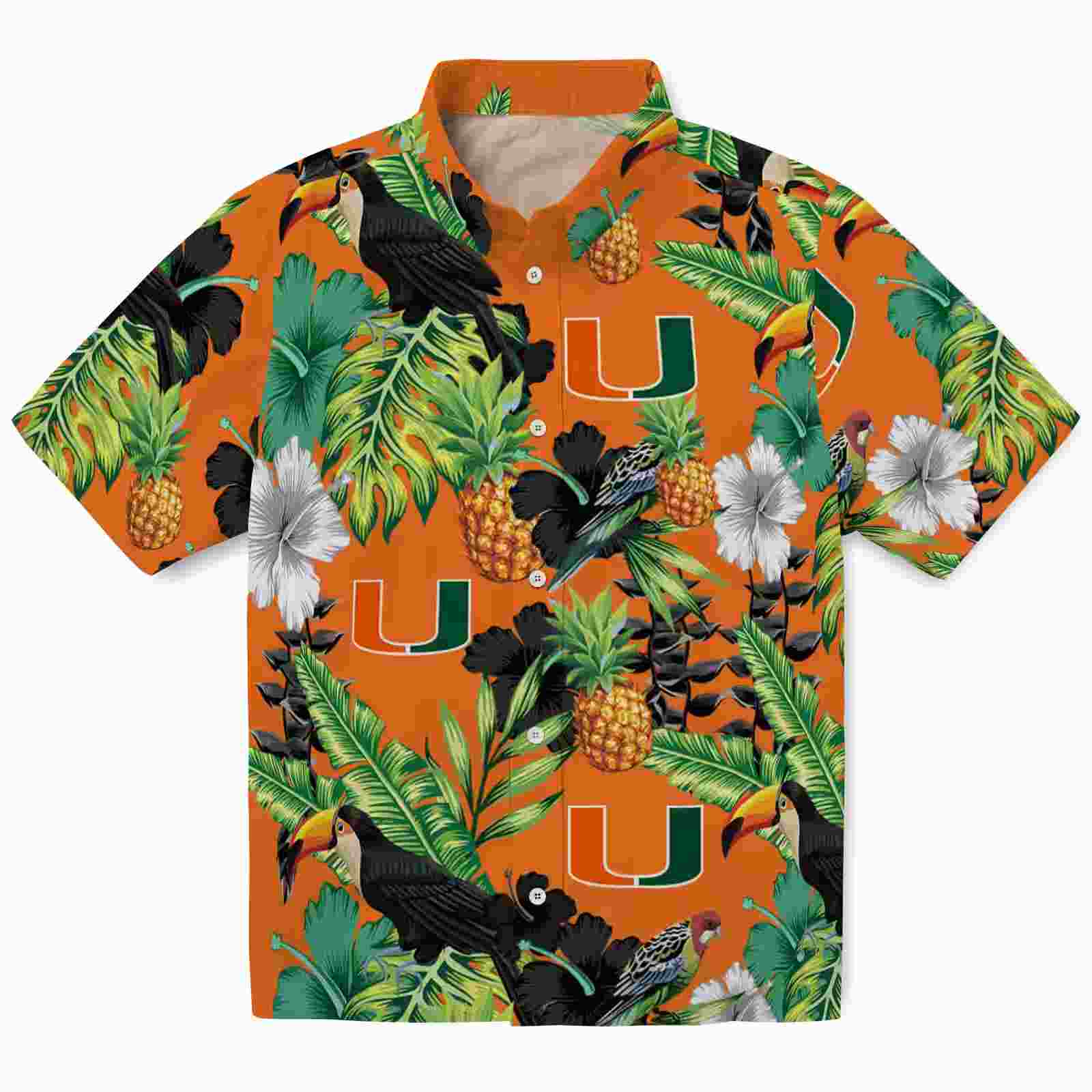 Miami Hurricanes Toucan Hibiscus Pineapple Orange Green Hawaiian Shirt