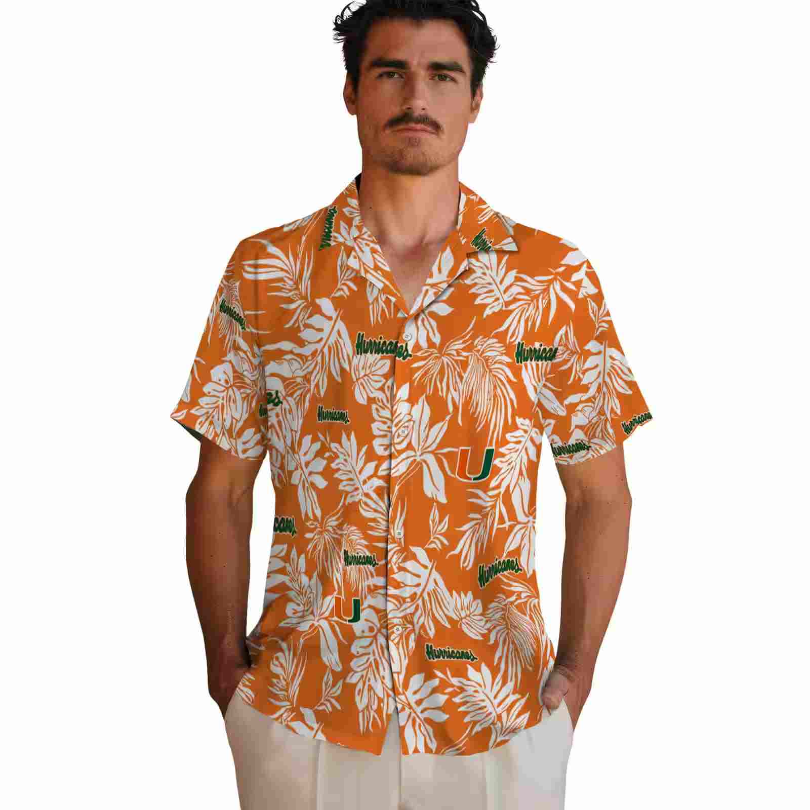 miami hurricanes tropical leaf orange white hawaiian shirt fashion forward