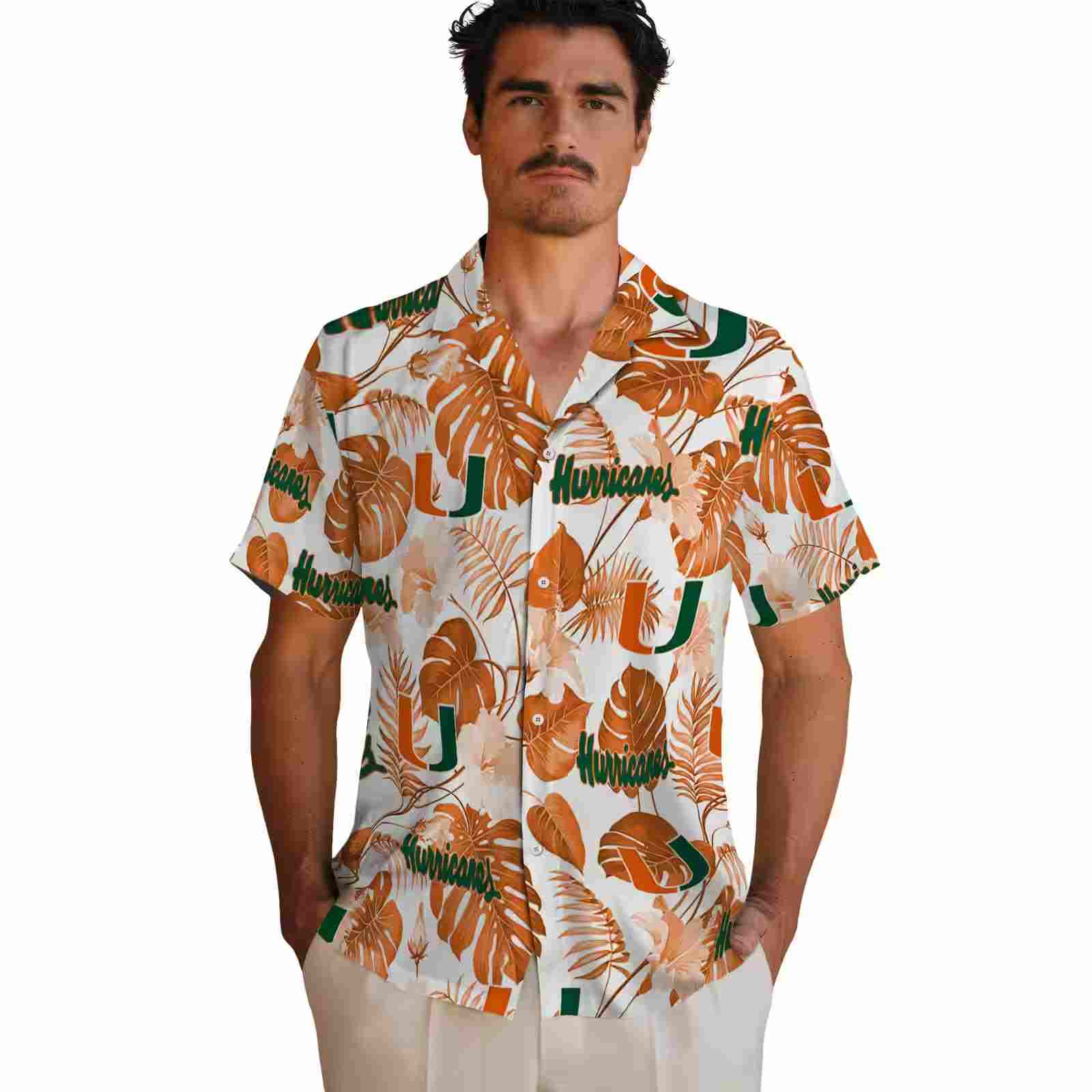 miami hurricanes tropical plants orange white hawaiian shirt fashion forward